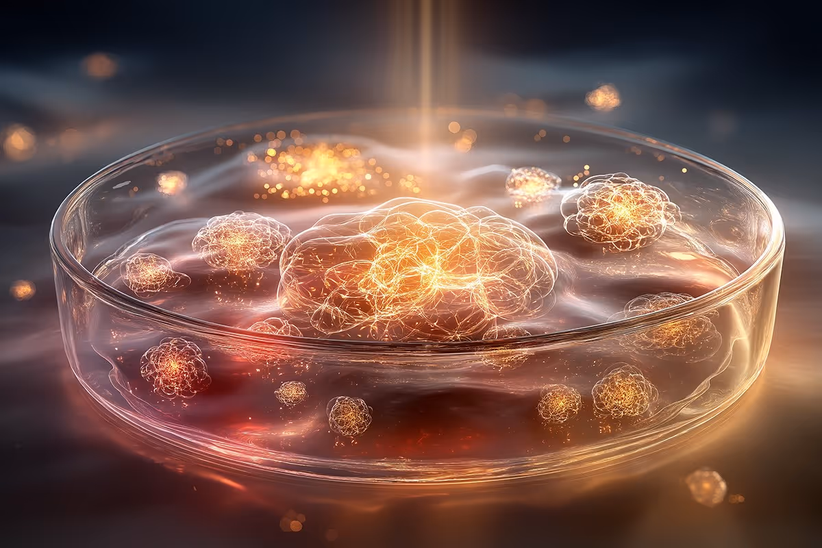 crystalline petri dish with luminous bacterial community.