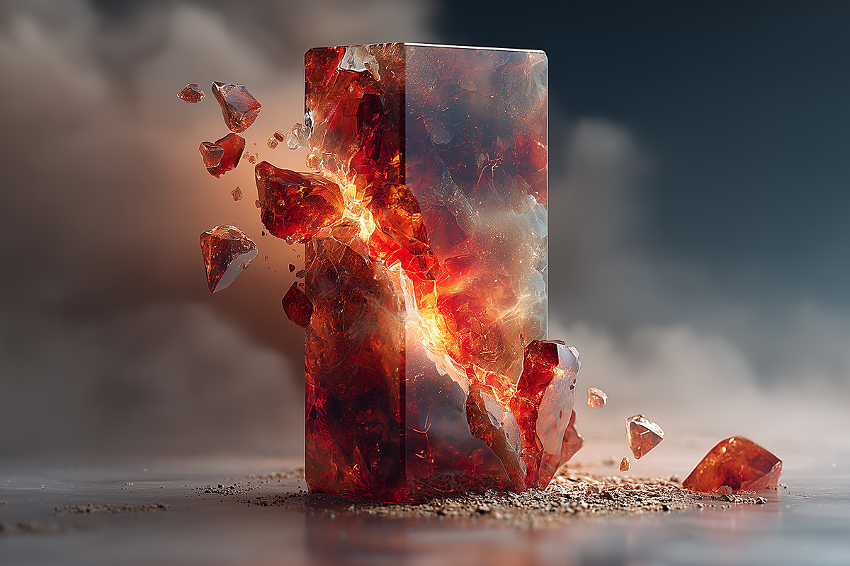 A lone pillar of deep-red glass beginning to crack and shatter under unseen weight, lit warmly against a dark navy gradient.