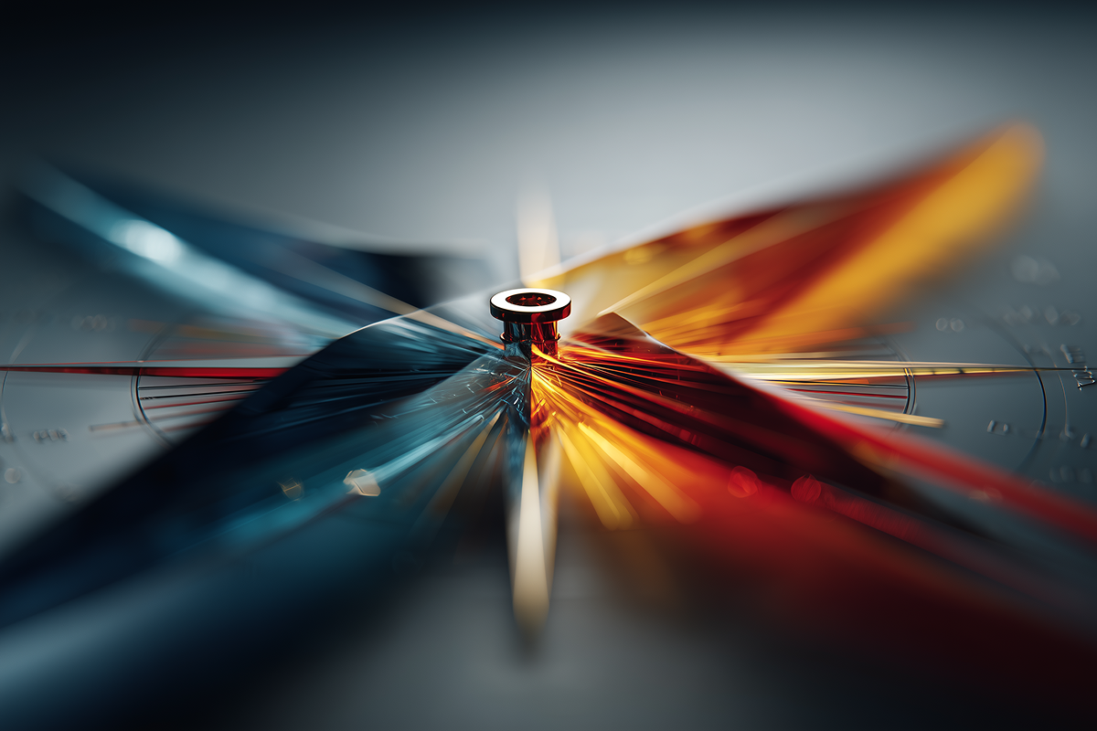 An abstract glass compass, a steady needle ringed by four cardinal marks, catching warm light against a deep navy gradient.