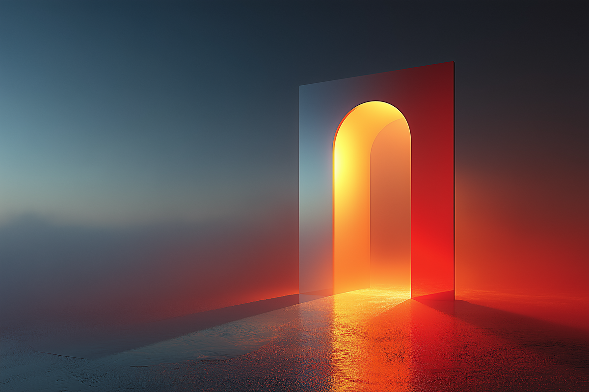 A single translucent glass archway cut clean through a solid block, lit warm marigold in the upper right fading to deep navy in the lower left.