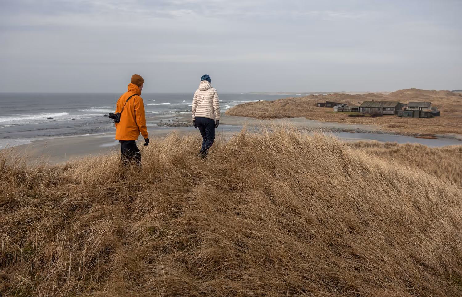 Two people in jackets walk through tall grass on a coastal dune overlooking beach and small buildings.