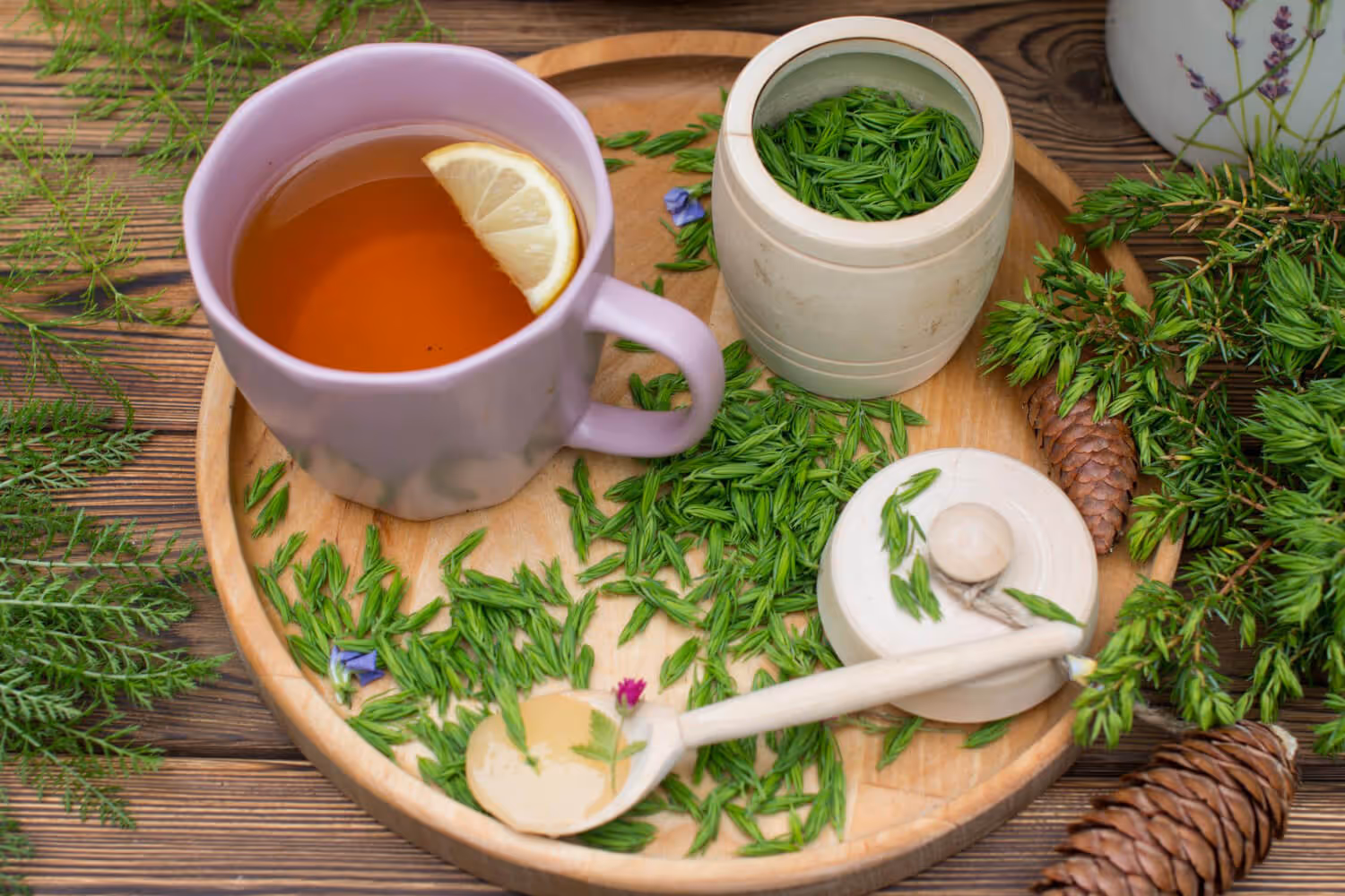 Purple mug of tea with lemon slice on wooden tray surrounded by green pine needles and a ceramic pot.
