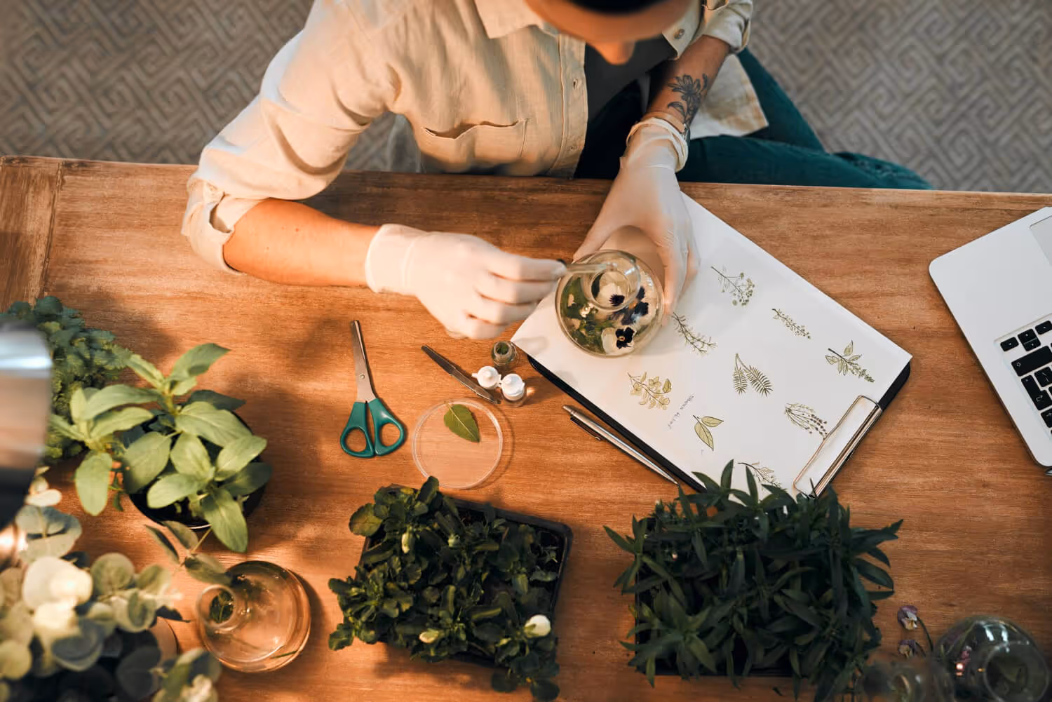 Person wearing gloves arranging flowers in a glass vase with plants and botanical sketches on a wooden table.