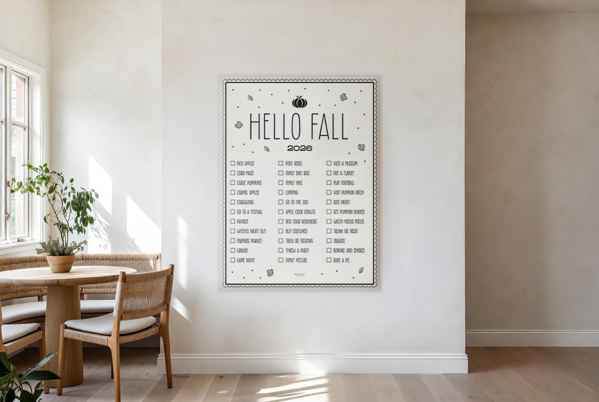 Hello Fall bucket list print hanging in a living room