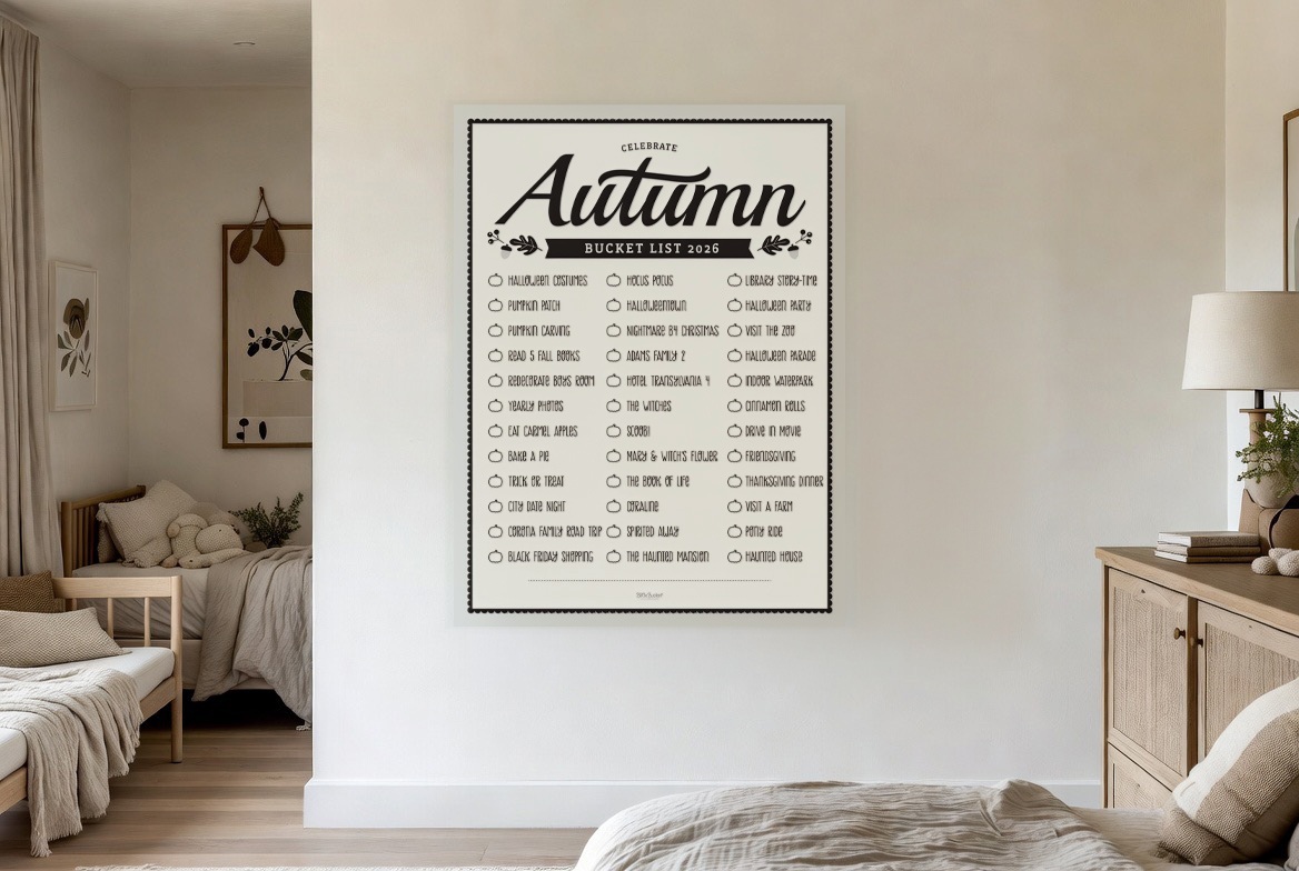 Celebrate Autumn bucket list print hanging in a living room