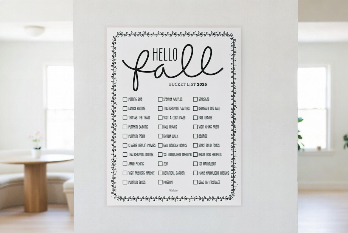 Hello Fall bucket list print hanging in a living room