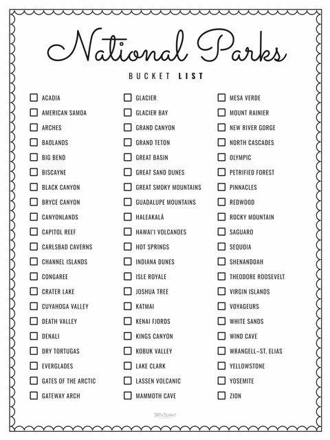 National Parks bucket list printable
