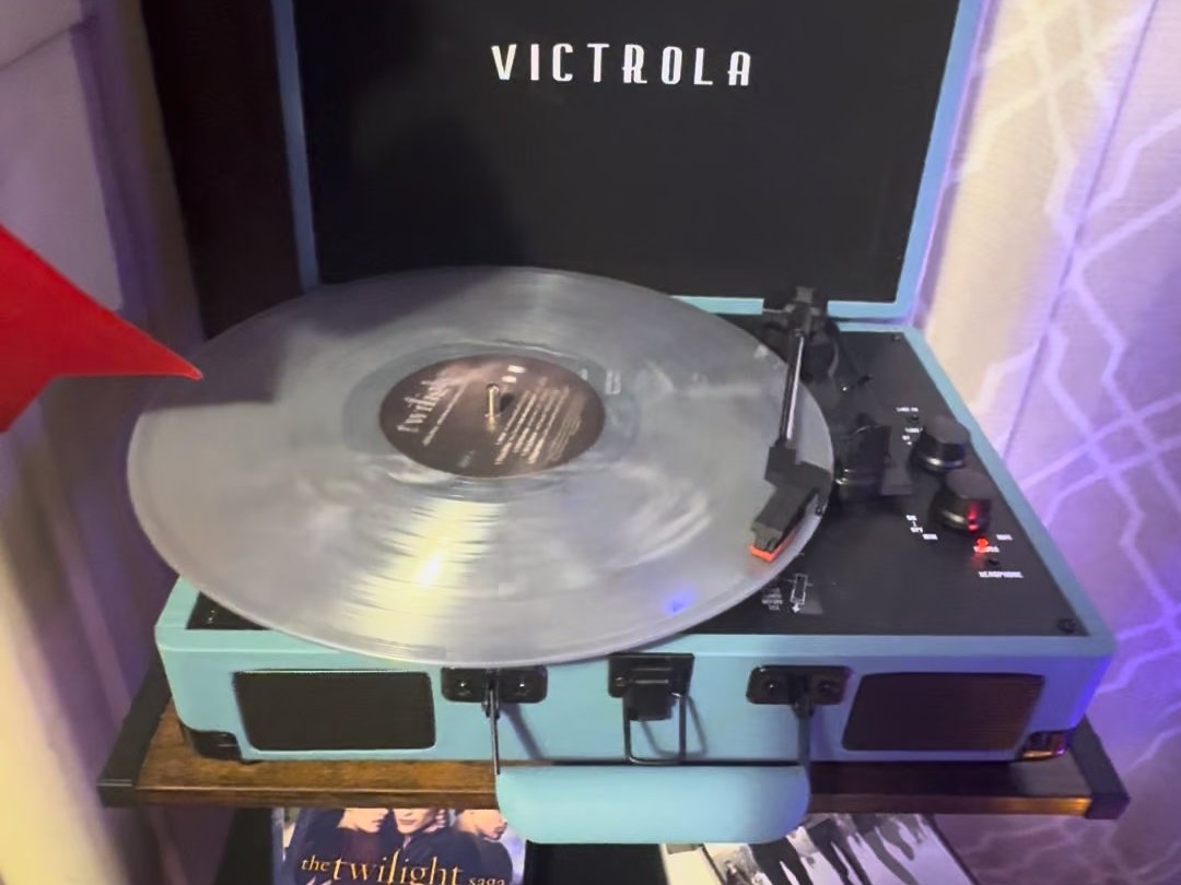 A record spinning on a Victrola turntable in the Swan House