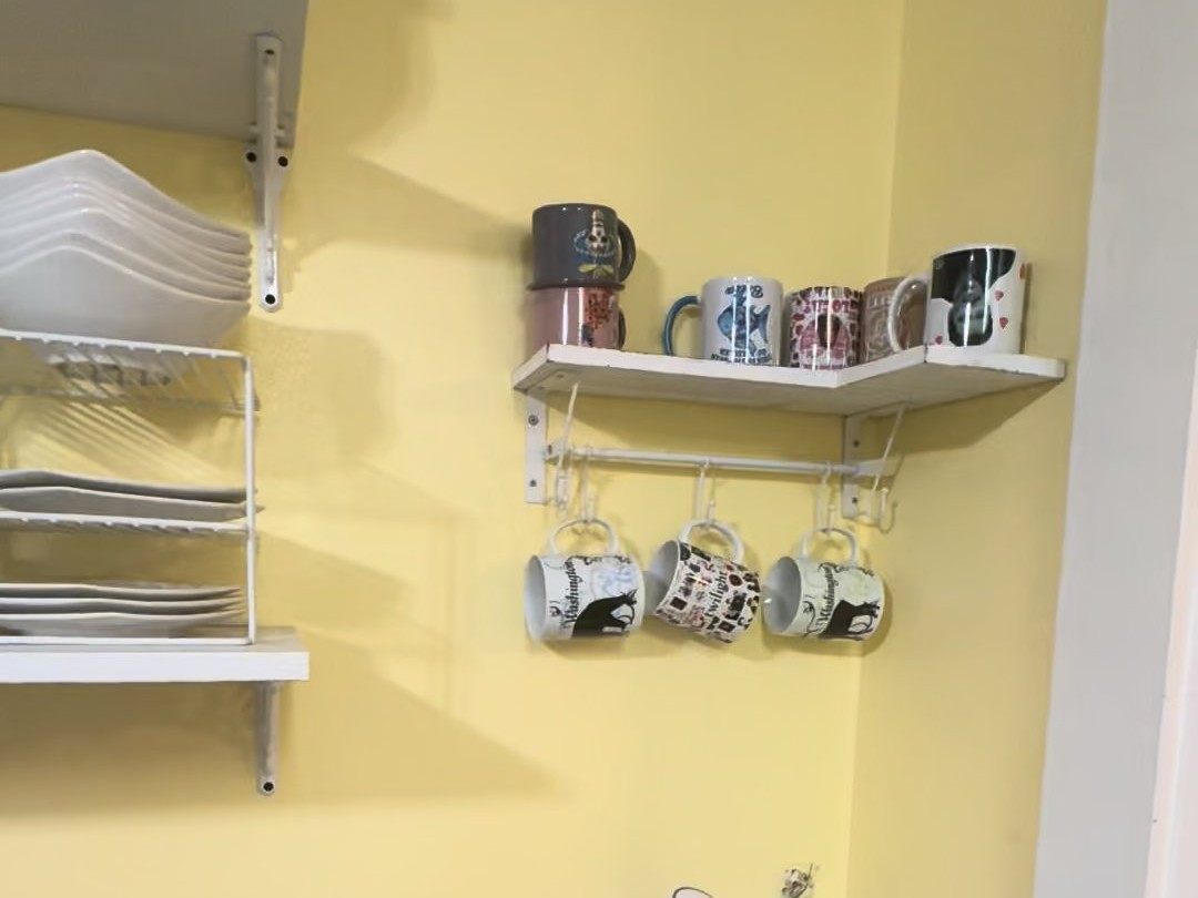 Mugs and plates on open shelves in the Swan House kitchen