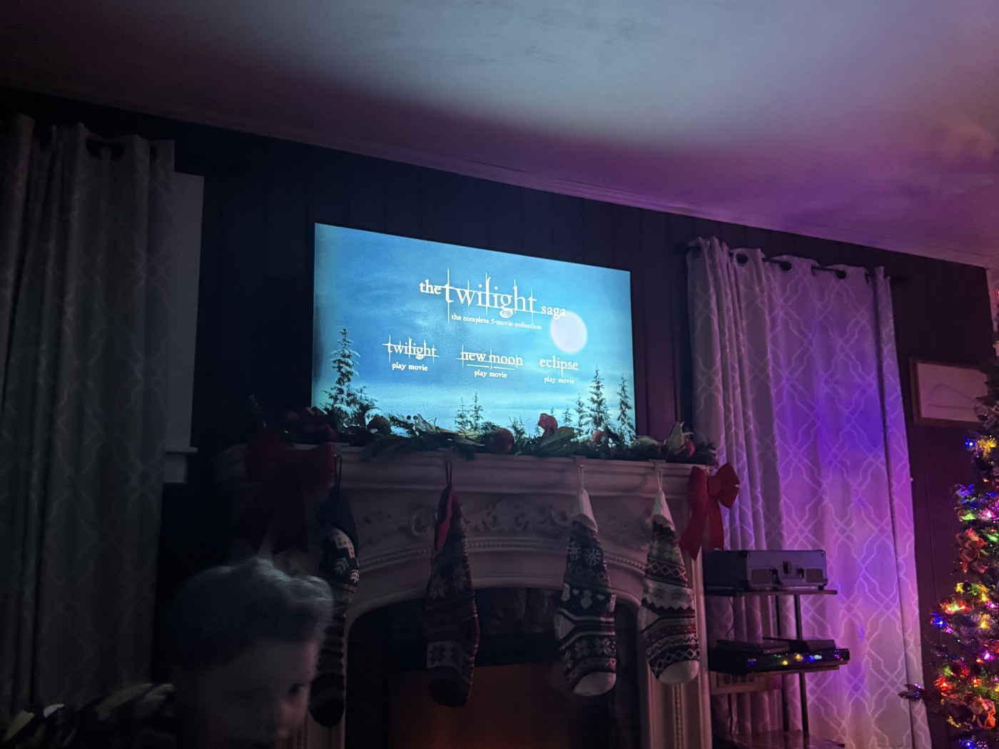 Twilight playing on the TV in the Swan House living room at Christmas