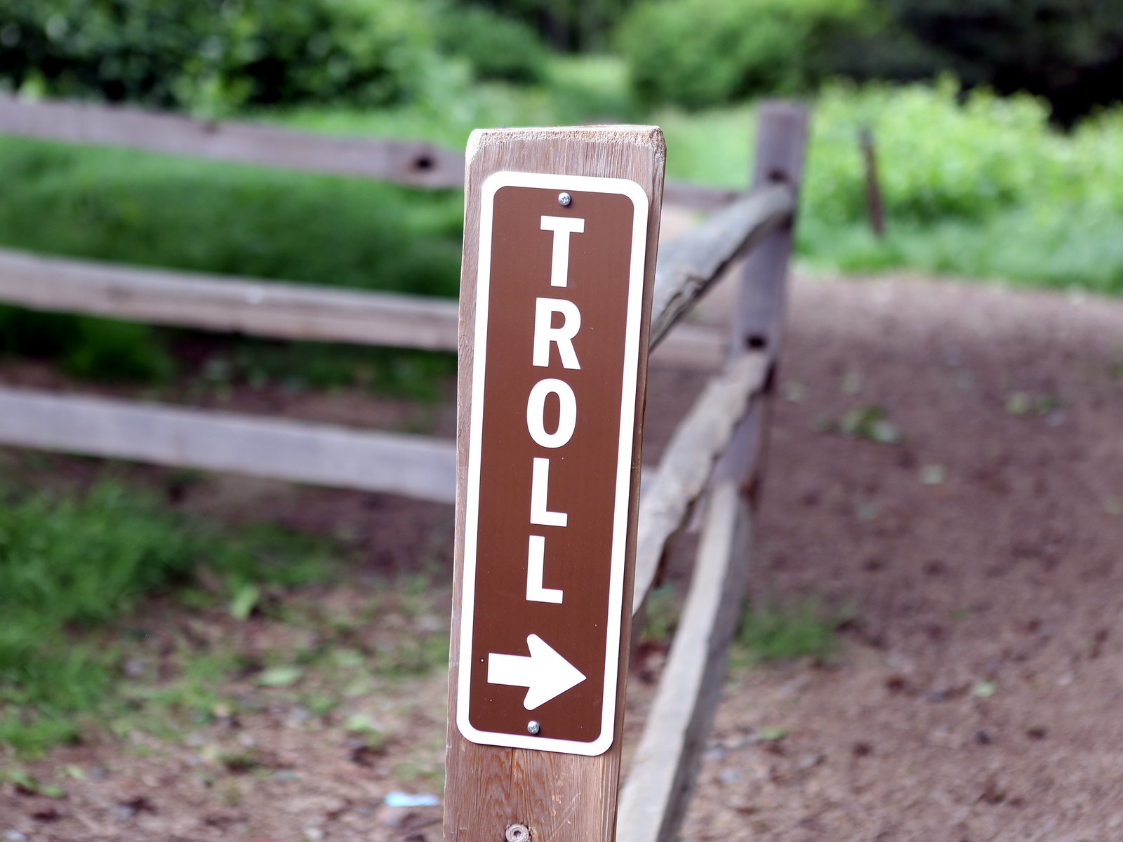 A brown TROLL trail sign pointing the way to one of the Northwest Trolls near Seattle