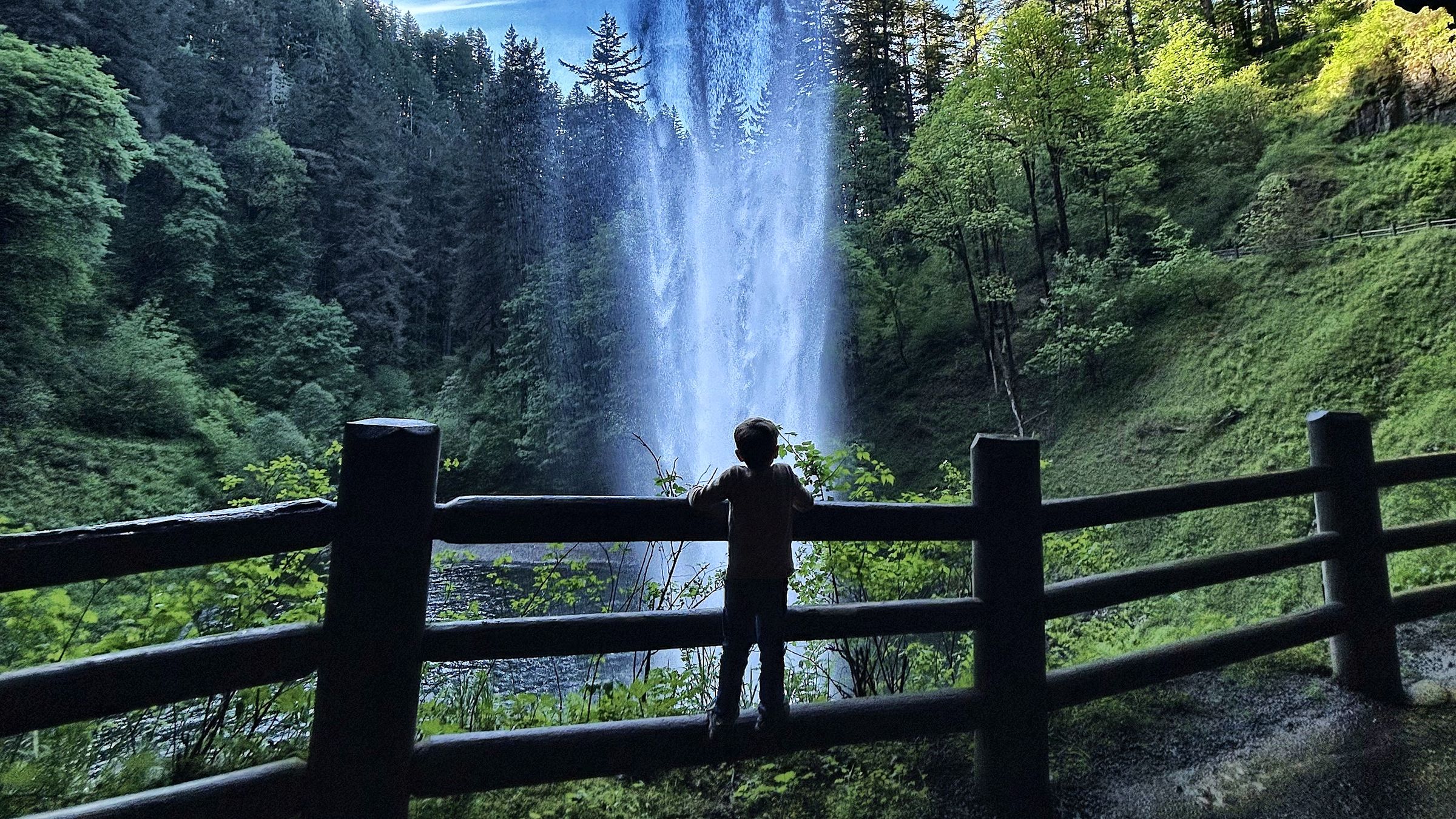 One of the kids at the rail behind the waterfall at Silver Falls State Park