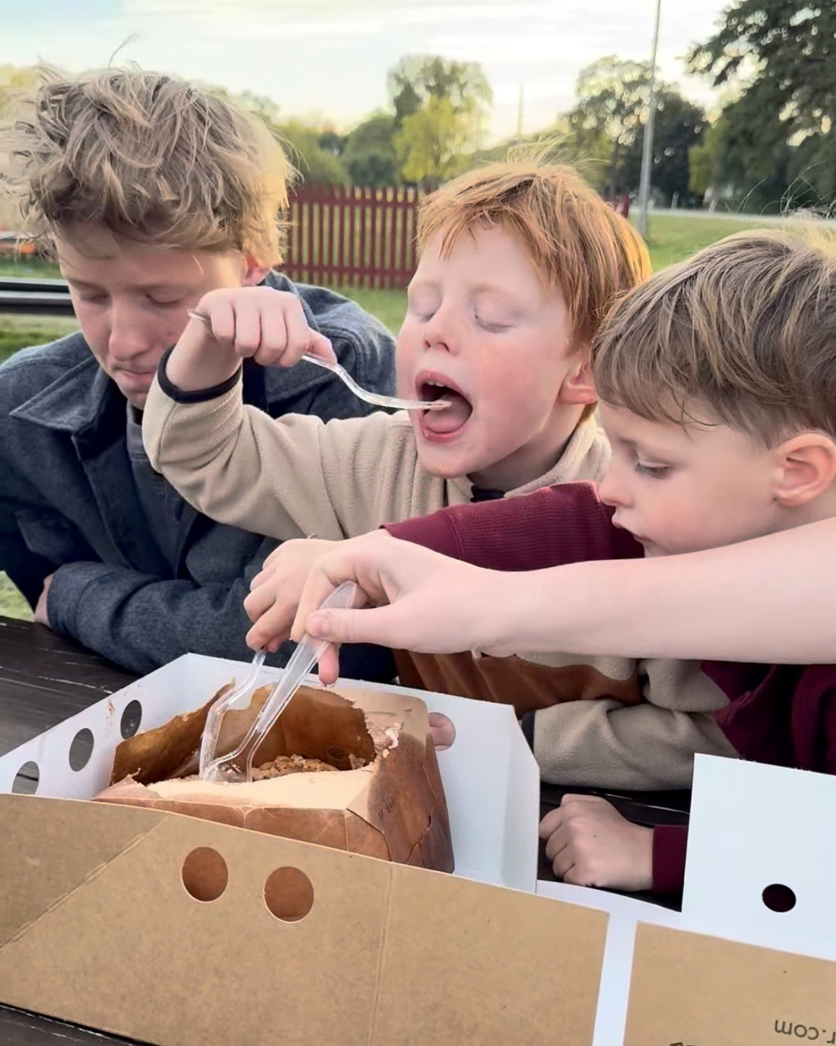 Three of the boys going at the paper bag apple pie with plastic forks at a picnic table