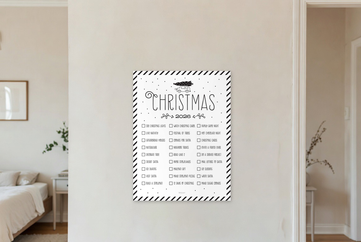 Christmas Car bucket list print hanging in a living room