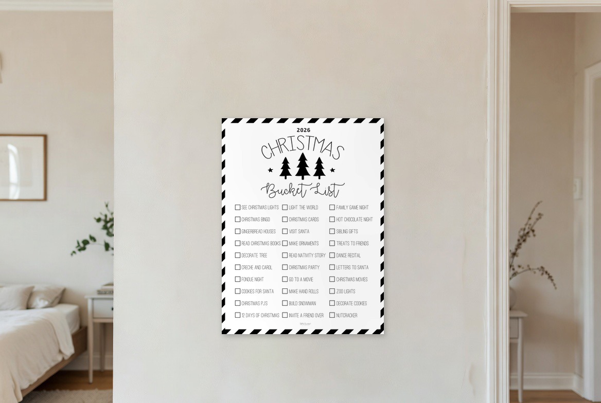Christmas Trees bucket list print hanging in a living room