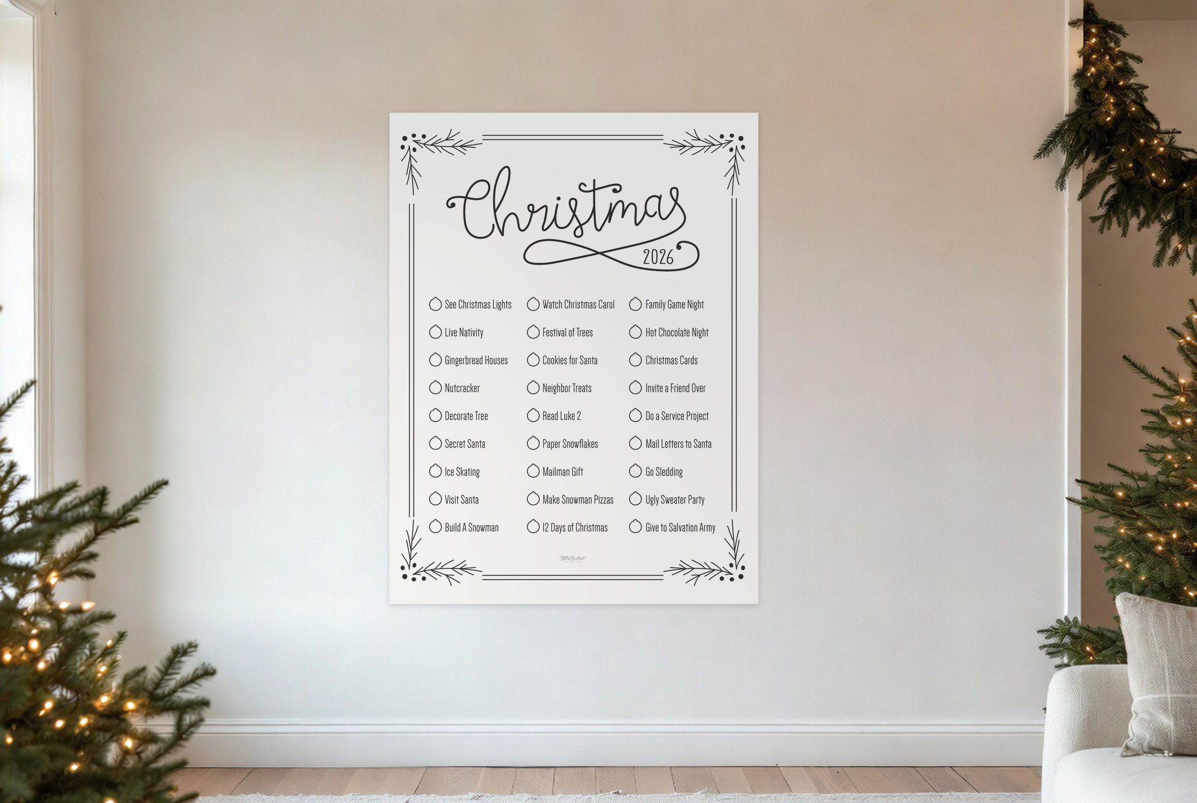 Christmas Holly bucket list on a wall