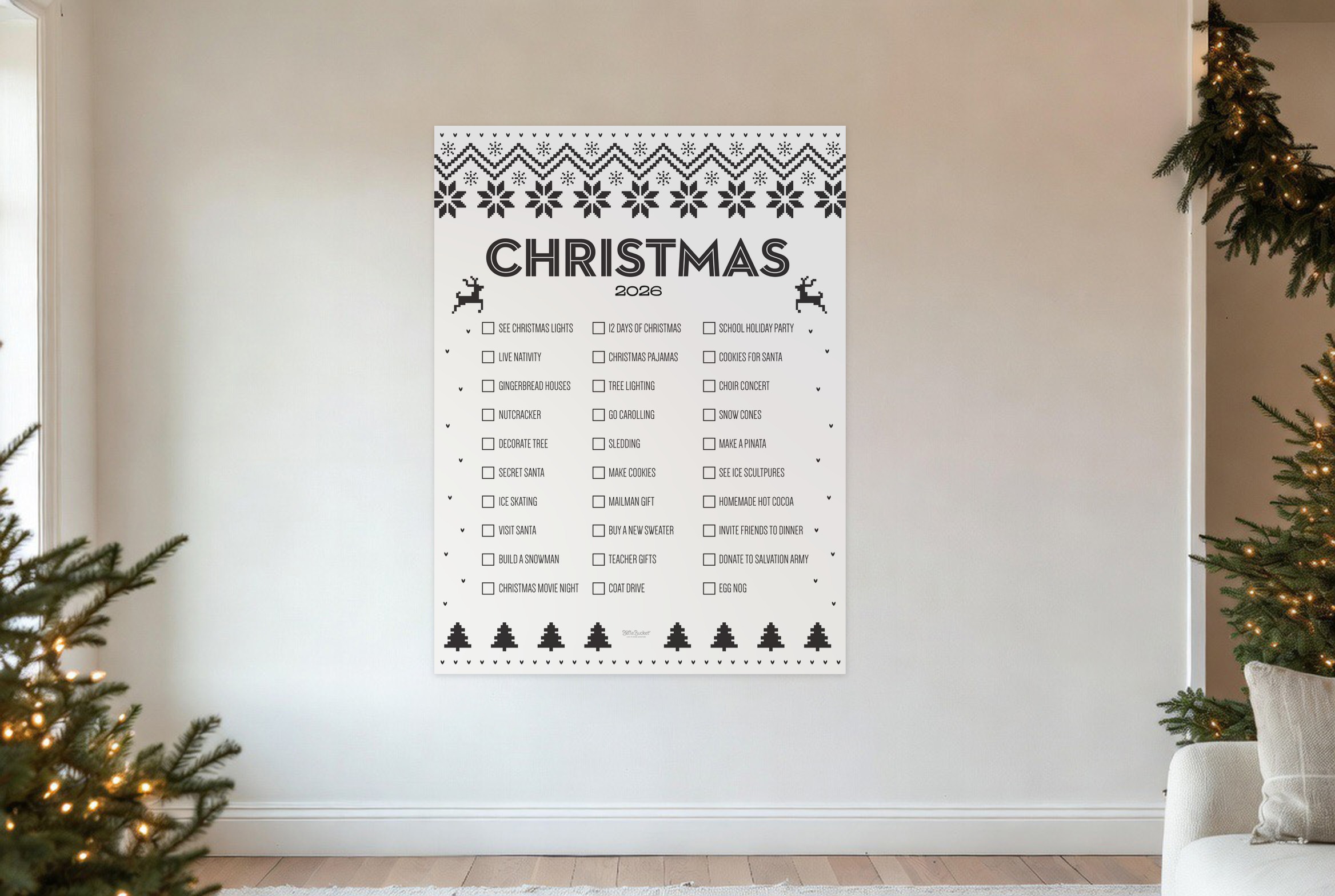 Christmas Sweater bucket list print hanging in a living room