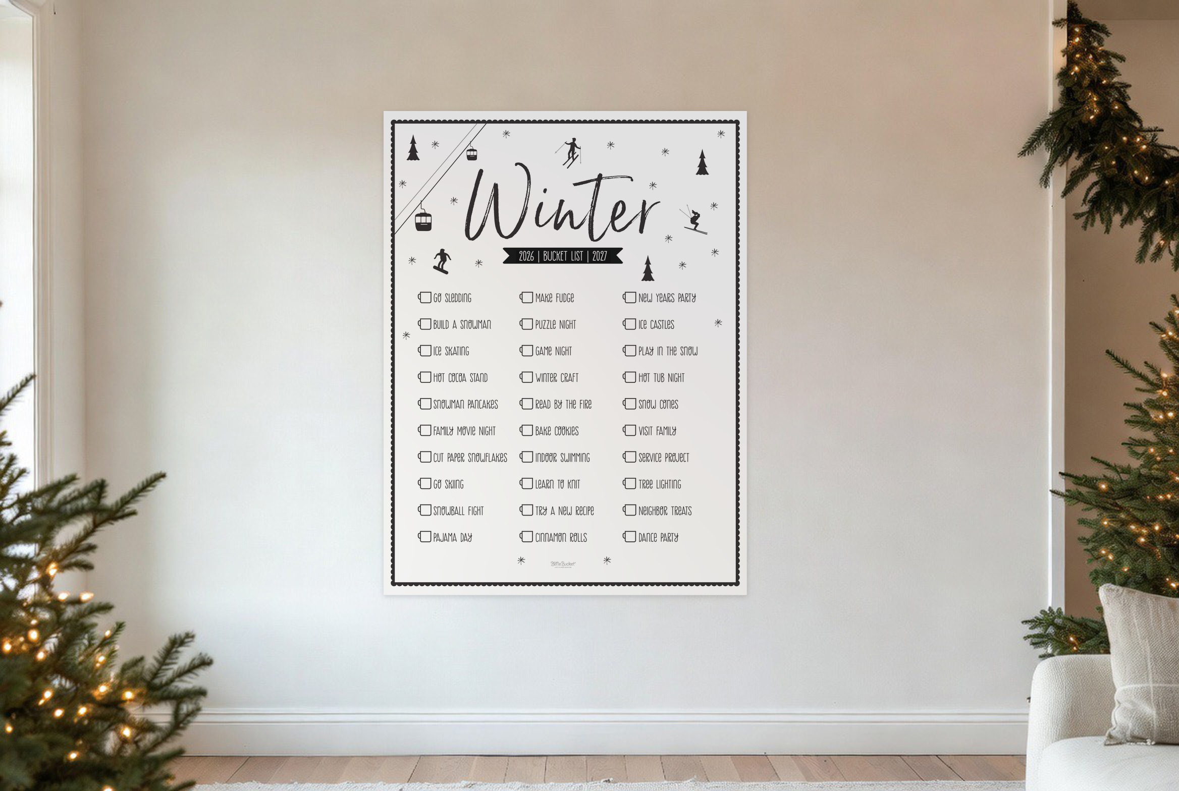 Winter Slopes bucket list on a wall