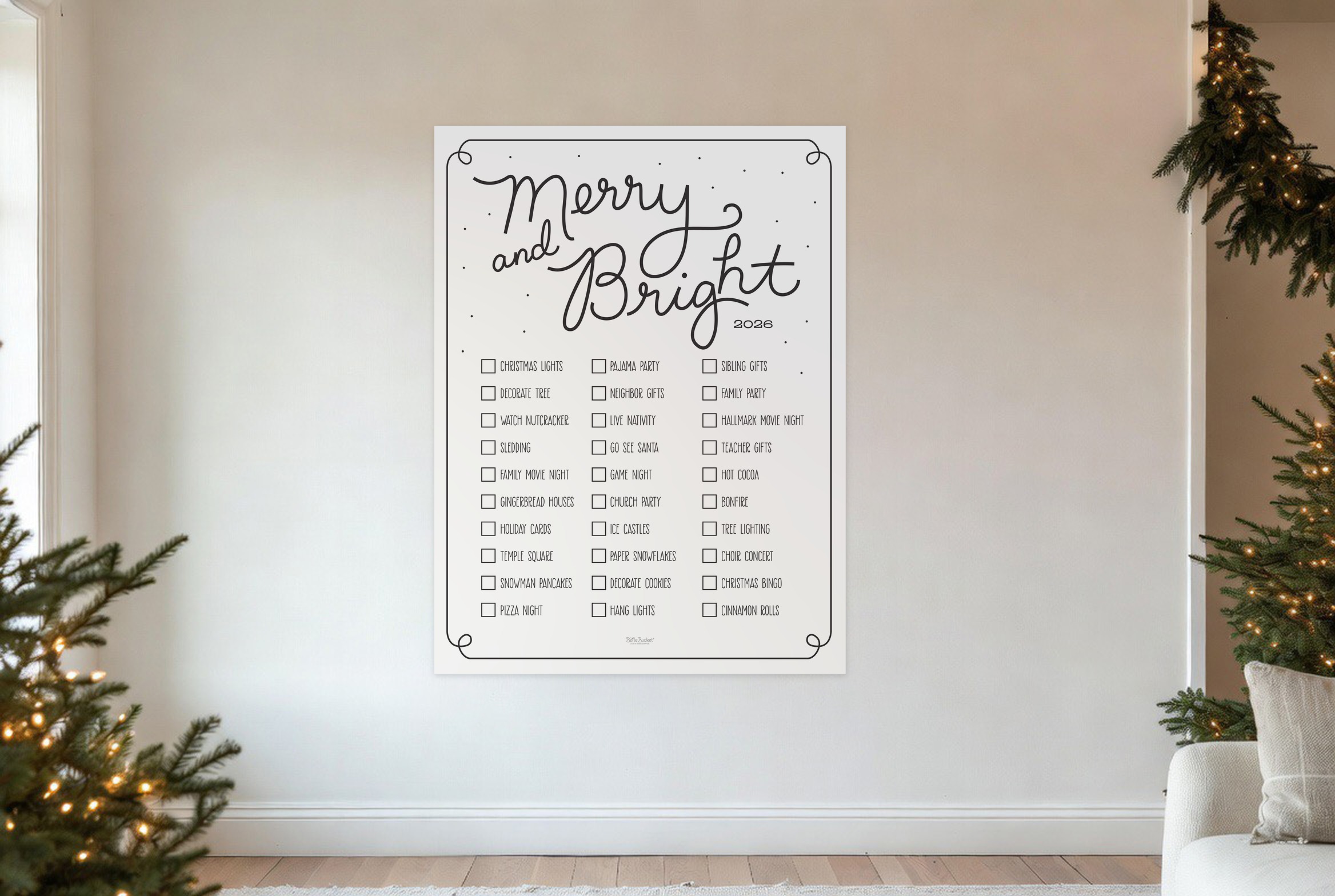 Merry and Bright bucket list on a wall