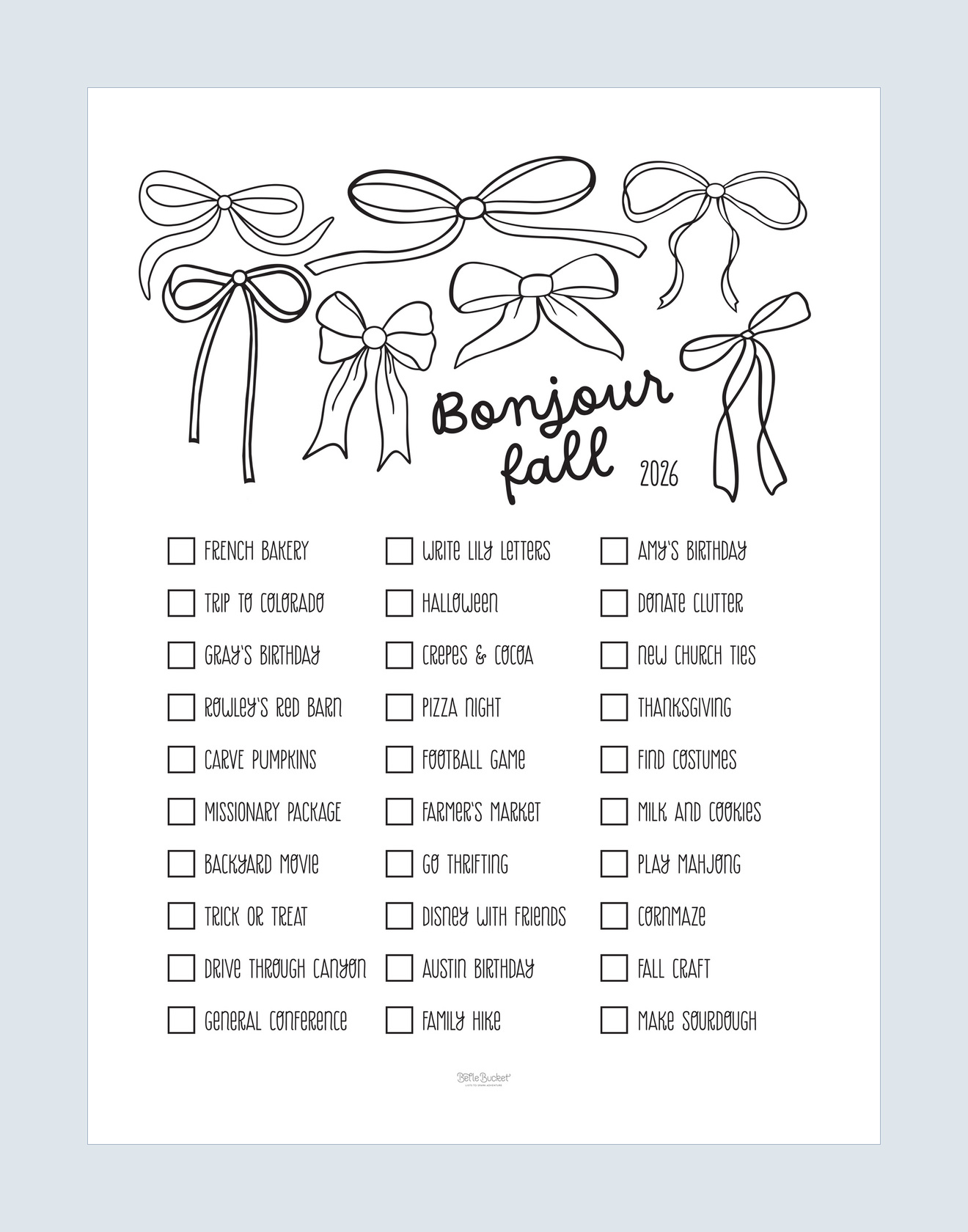 The Bonjour Fall bucket list design, thirty checkboxes under a row of hand drawn bows