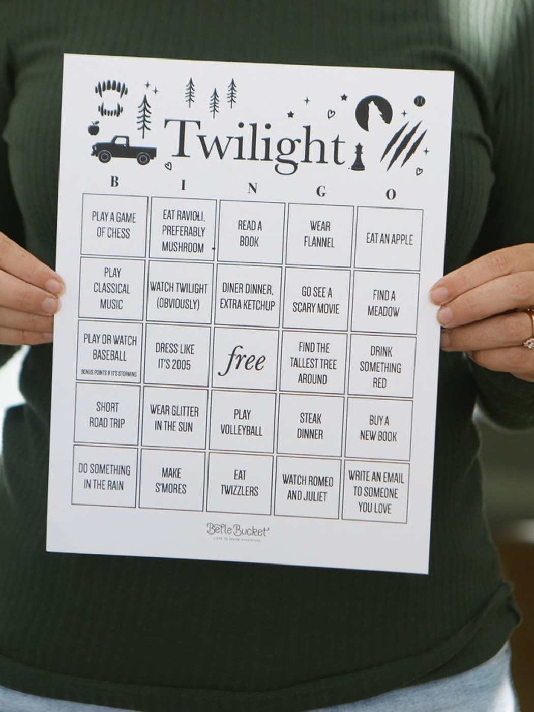 Twilight bingo card printable, held up in two hands