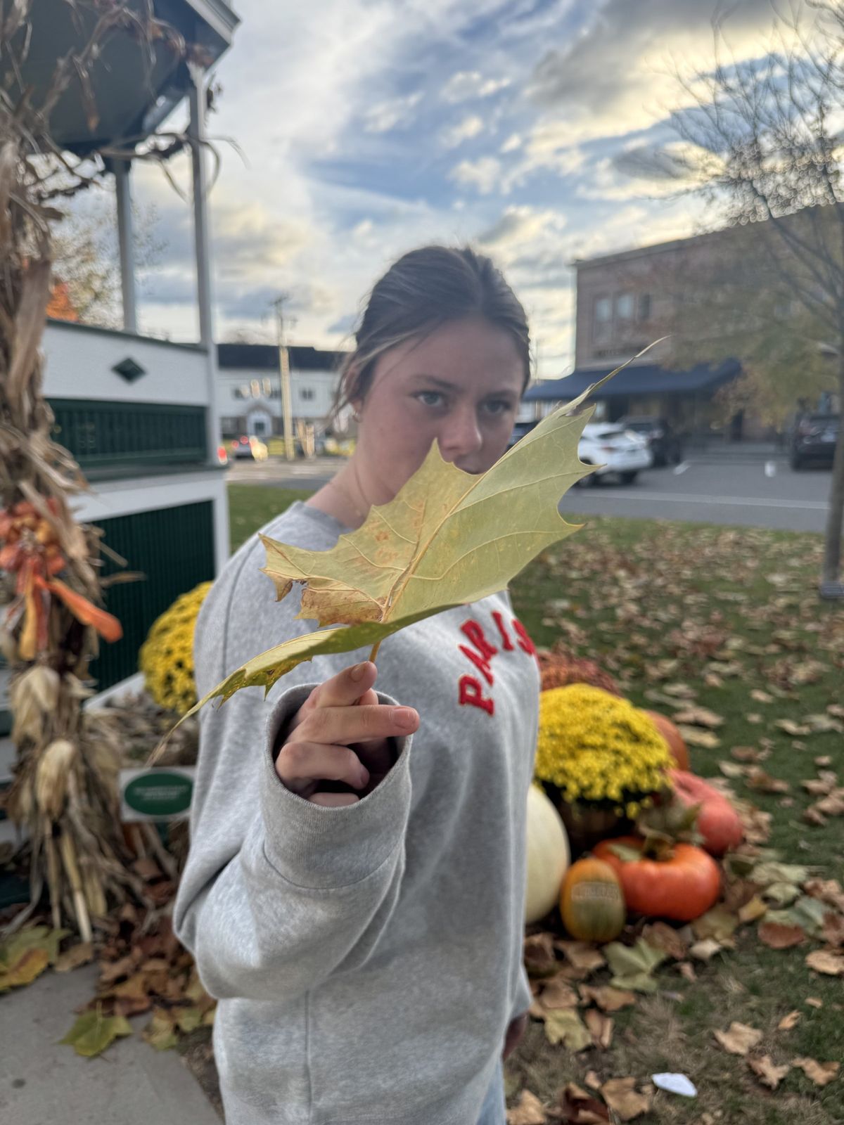My daughter holding up a huge yellow leaf by the bandstand