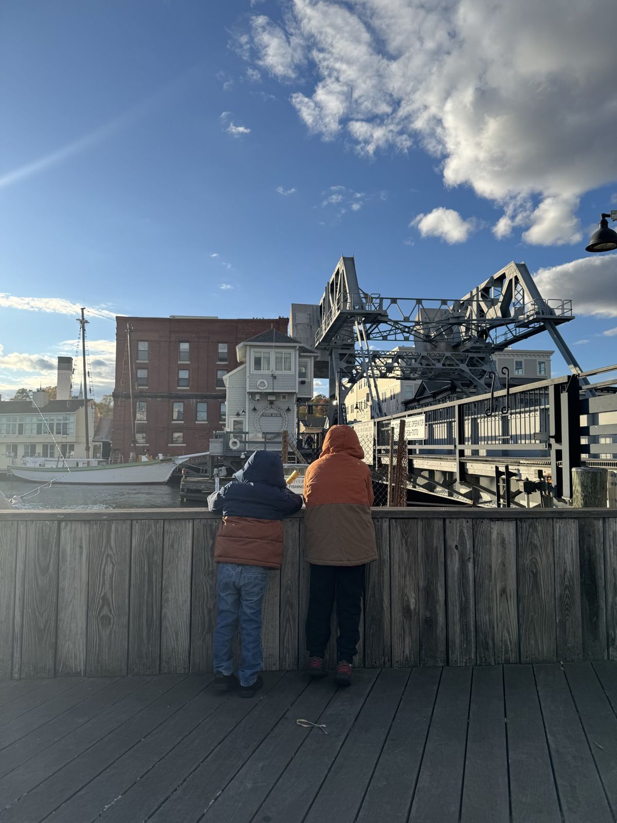 My kids at the rail of the Mystic drawbridge