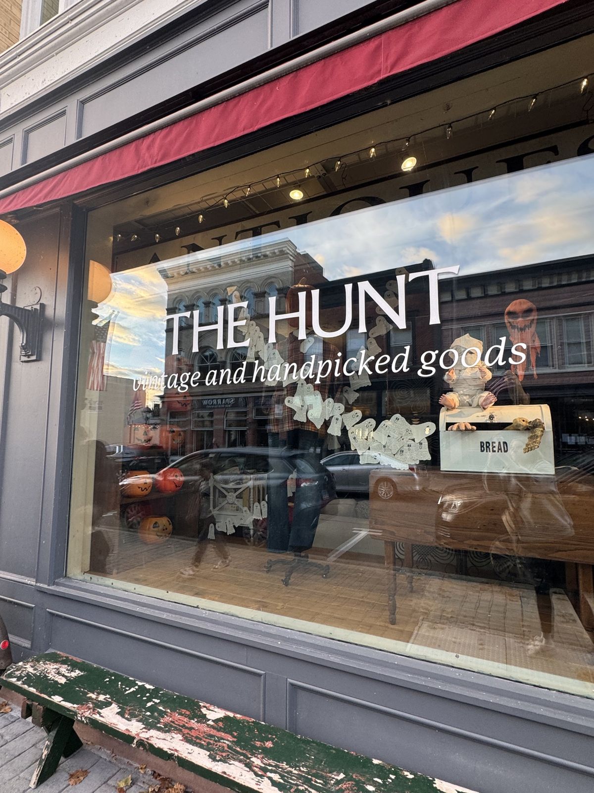 The window of The Hunt, the antiques shop in New Milford