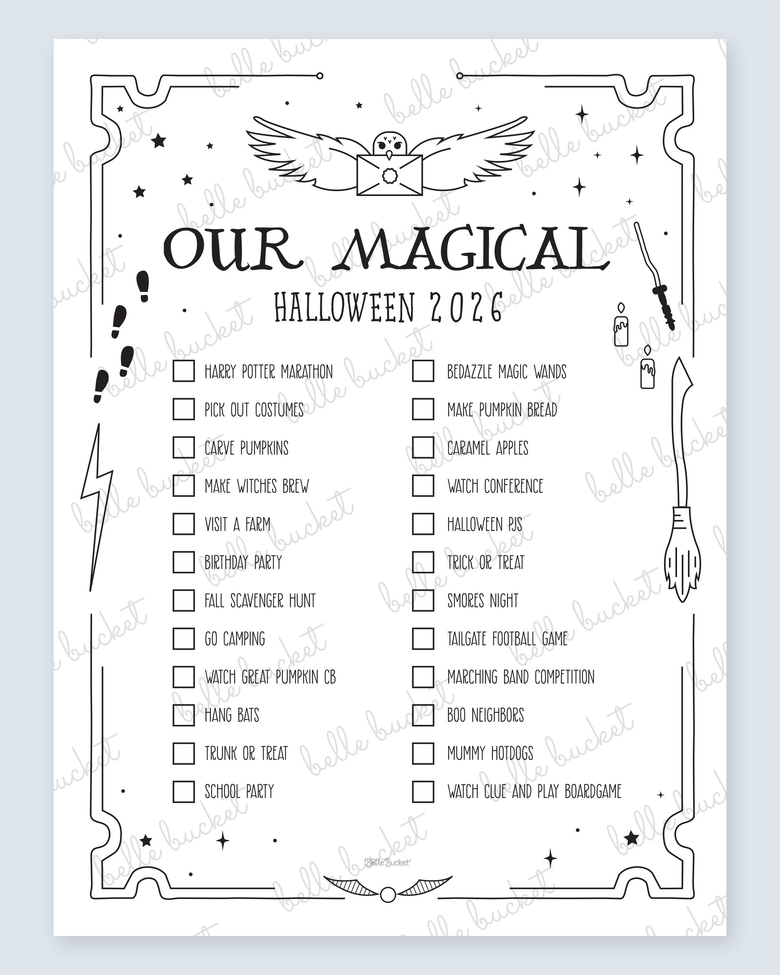 A close look at the Magical Halloween list design, the owl and the letter and the title