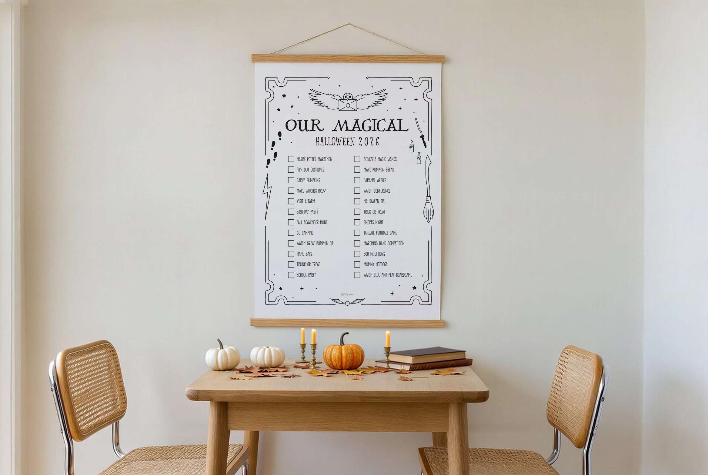 The Magical Halloween bucket list hanging on a wooden poster hanger over a dining table