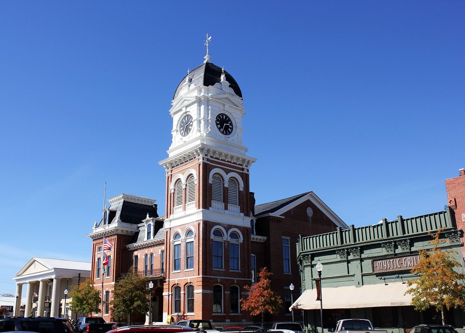 The courthouse clock tower on the square in Covington, Georgia