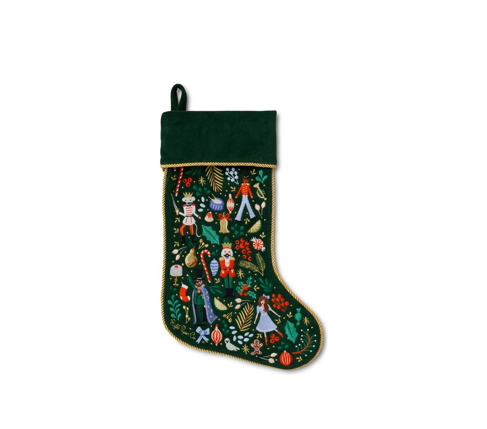 Rifle Paper Co. green embroidered Nutcracker Christmas stocking
