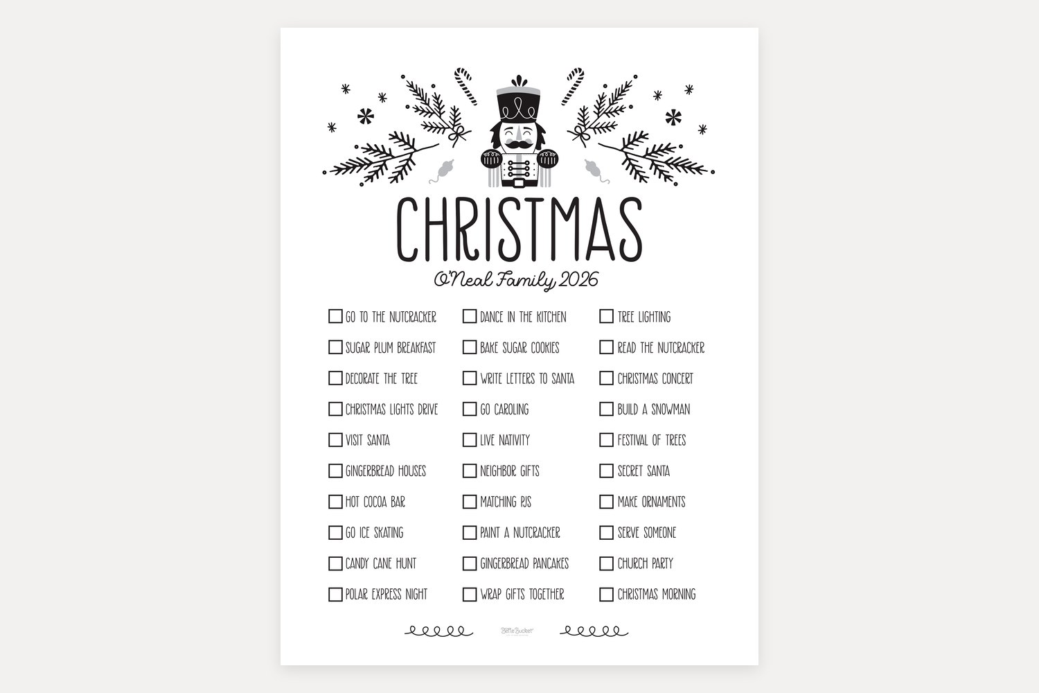 The whole Nutcracker Christmas bucket list design with its title artwork and fill-in checklist