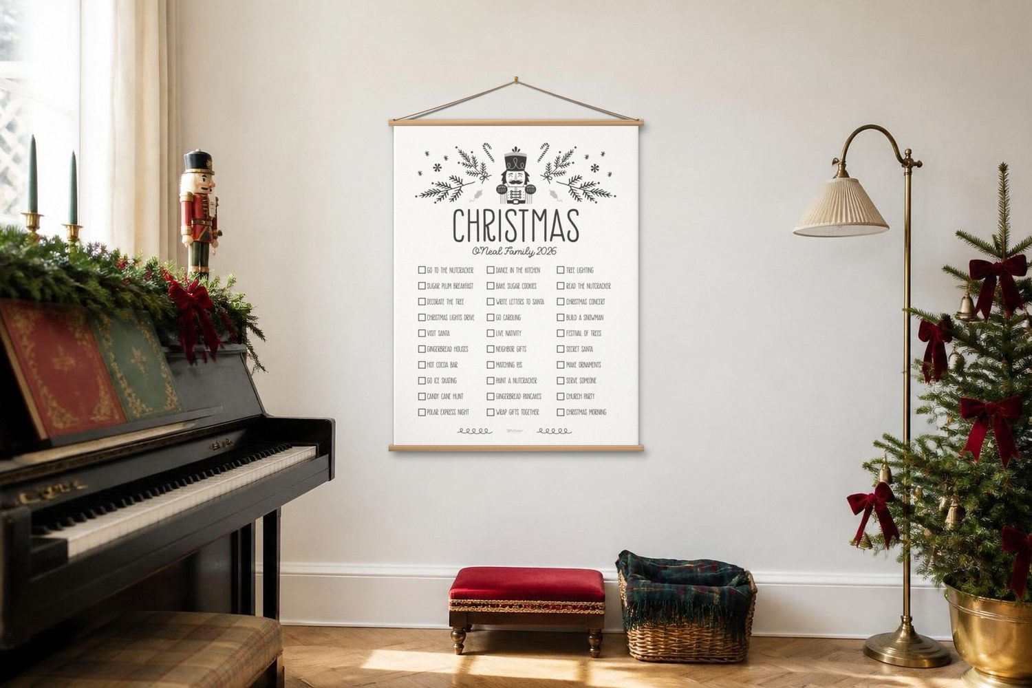Nutcracker Christmas bucket list poster on a wood hanger beside a piano and a Christmas tree