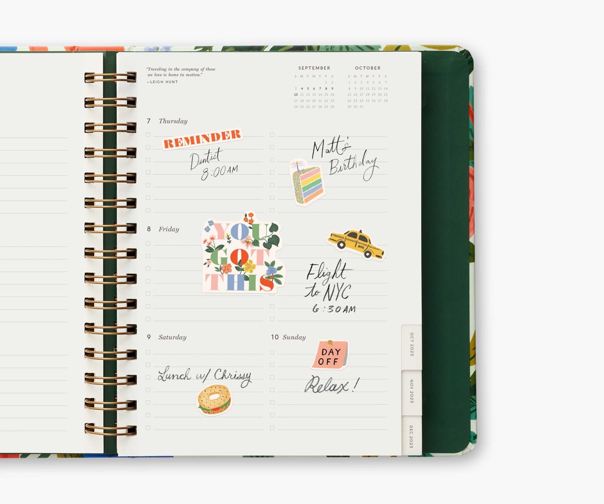 A planner page decorated with Rifle Paper Co. planner stickers