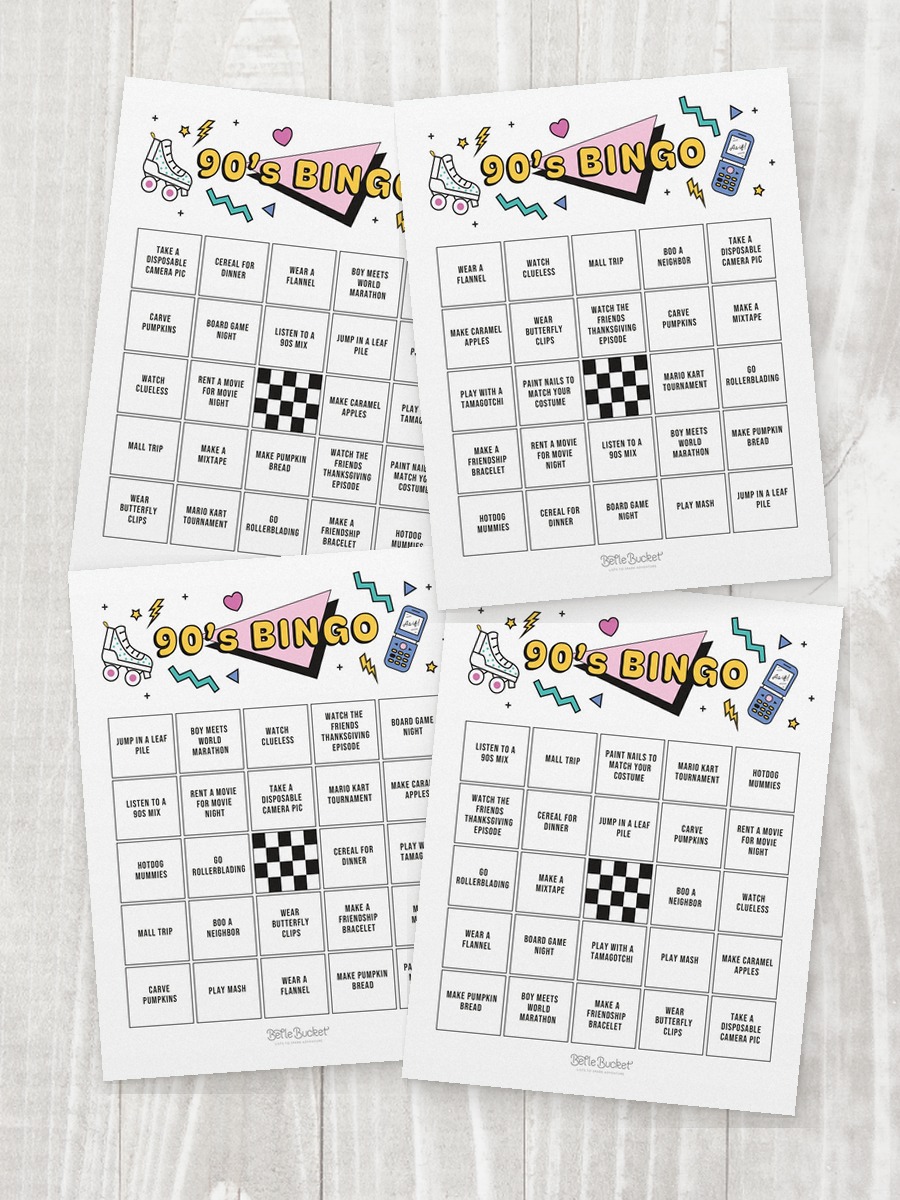 Four shuffled 90s bingo cards overlapping on a table, each with the squares in a different order