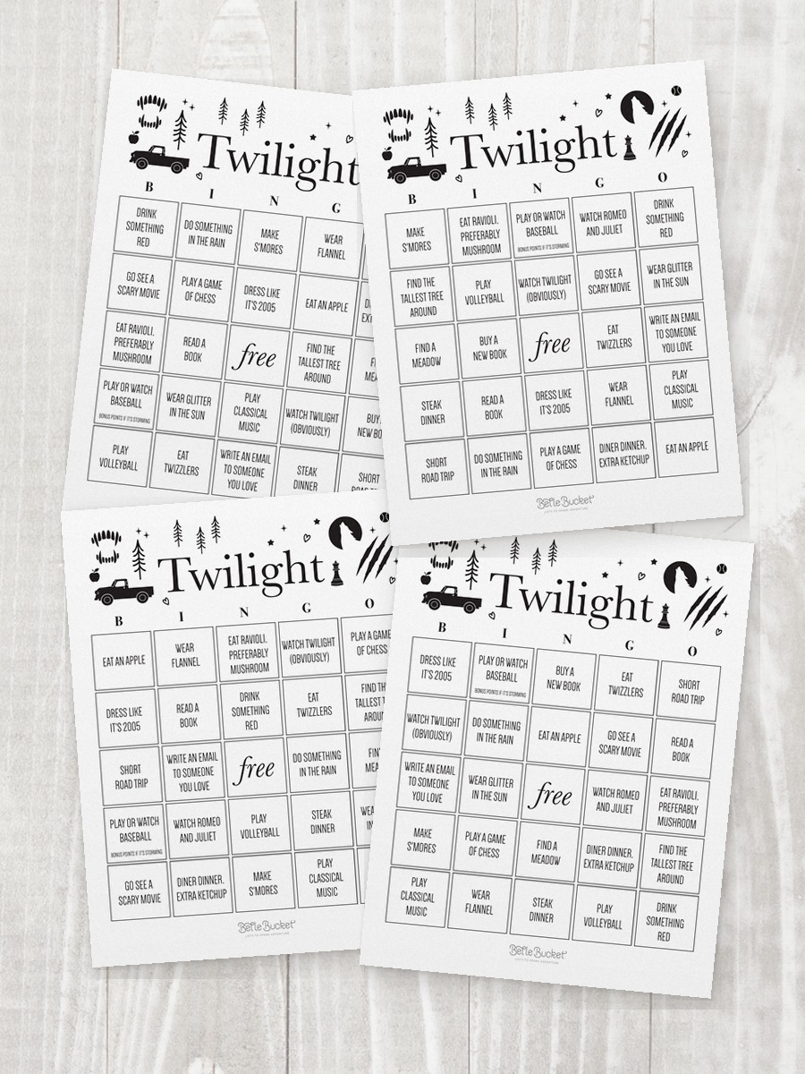 Four shuffled Twilight bingo cards overlapping on a table, each with the squares in a different order