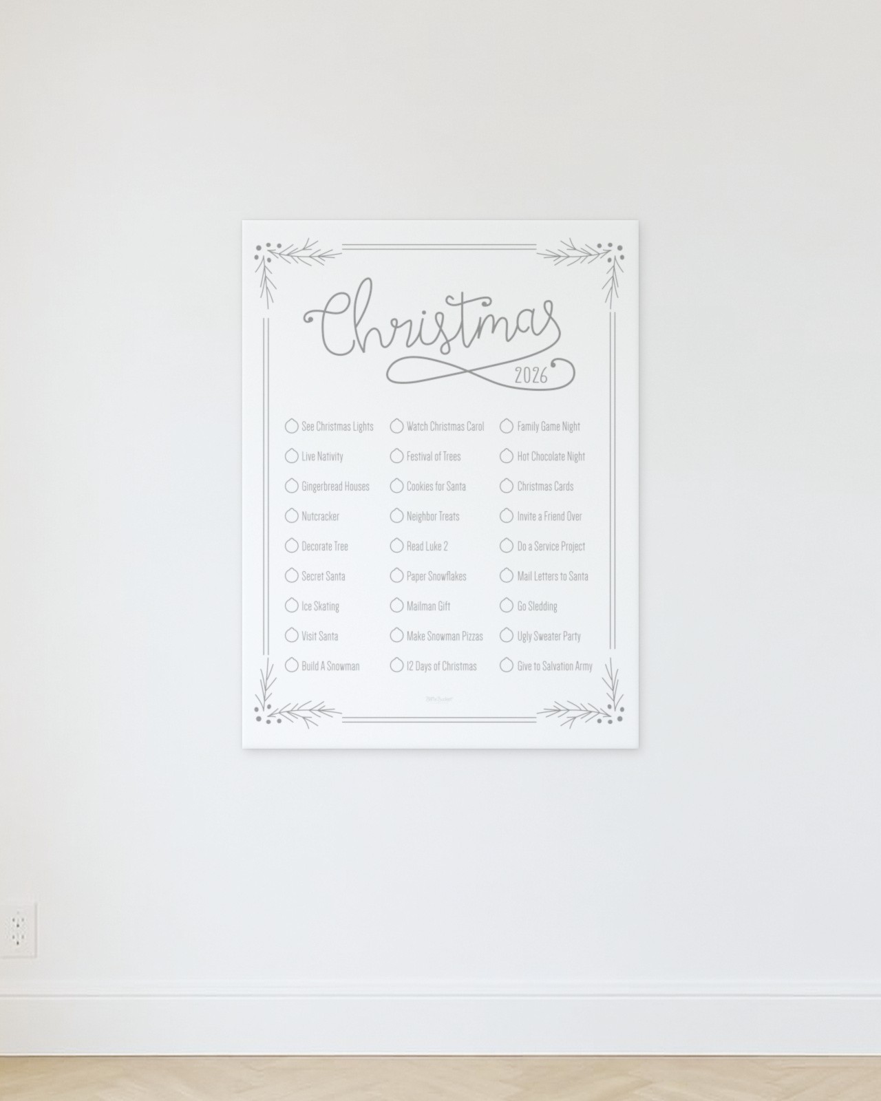 Christmas Holly bucket list poster hanging on a bright wall