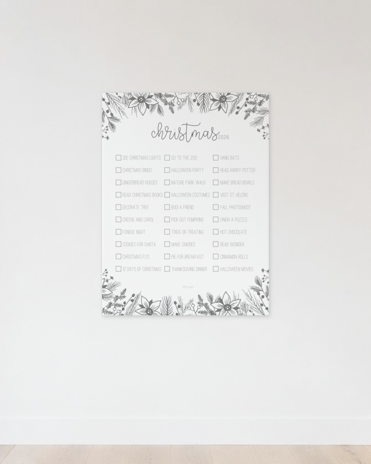 Christmas Pine bucket list poster hanging on a bright wall