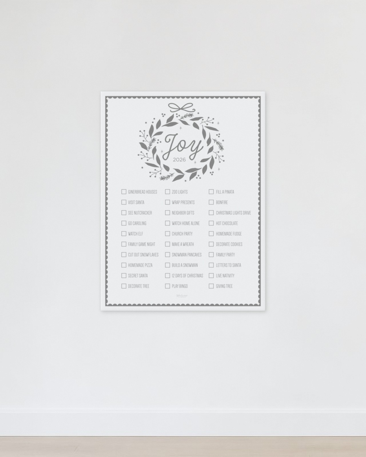 Joy bucket list poster hanging on a bright wall