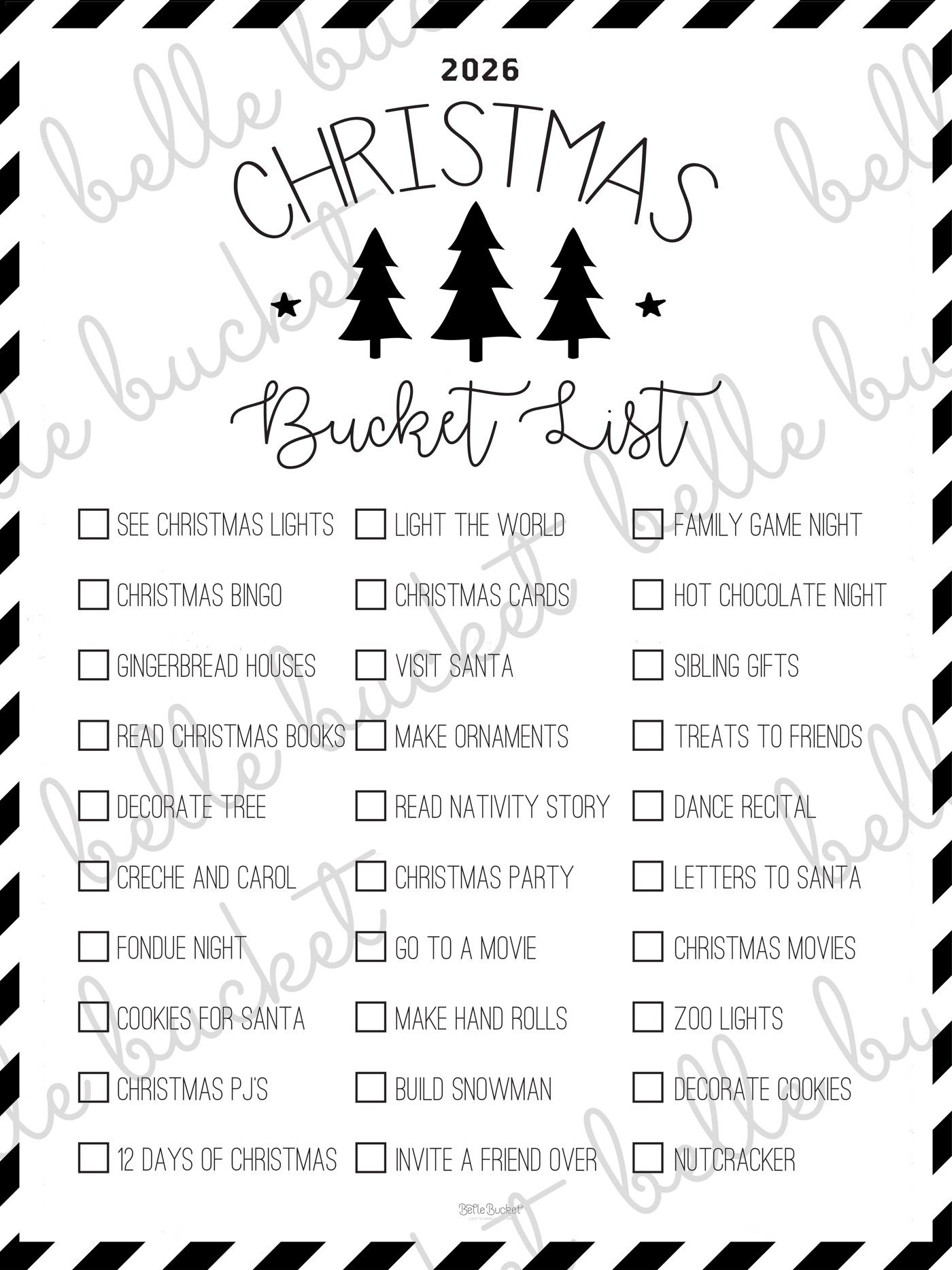 The full Christmas Trees bucket list poster design, shown flat with a Belle Bucket watermark