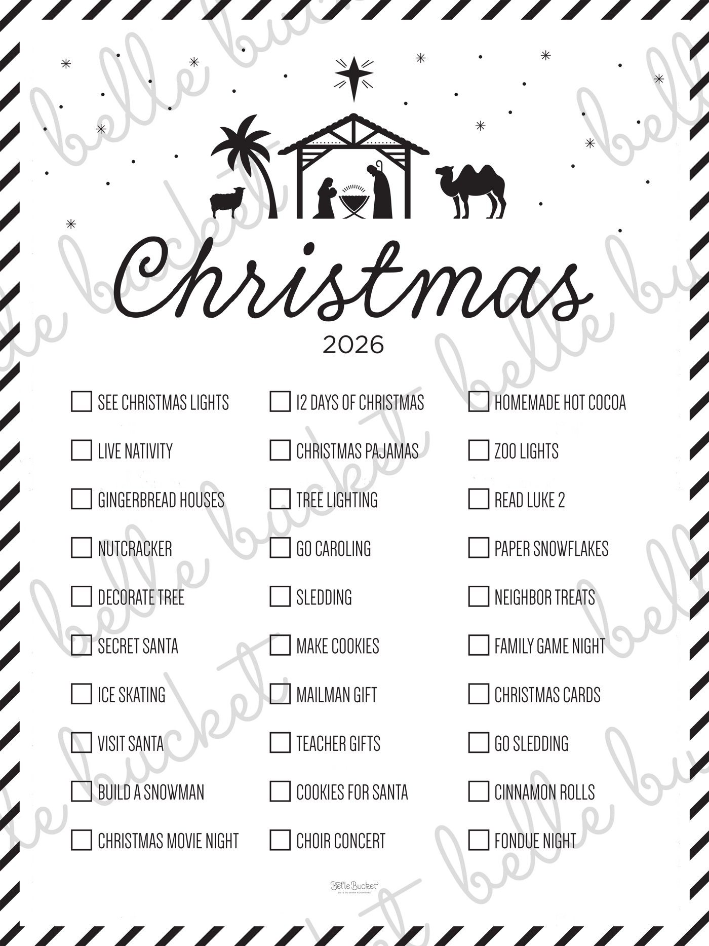 The full Christmas Nativity bucket list poster design, shown flat with a Belle Bucket watermark