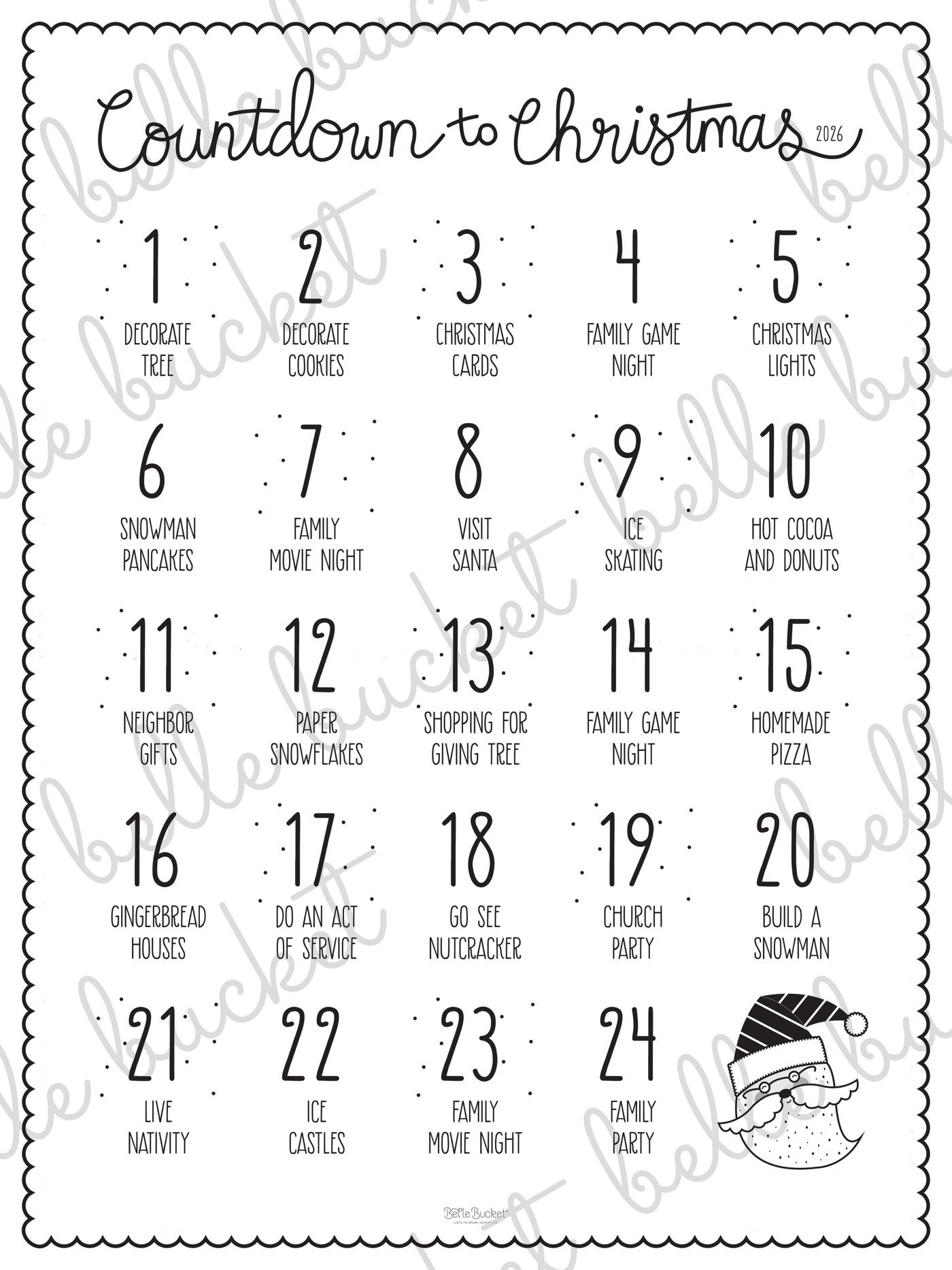 The full Countdown to Christmas bucket list poster design, shown flat with a Belle Bucket watermark