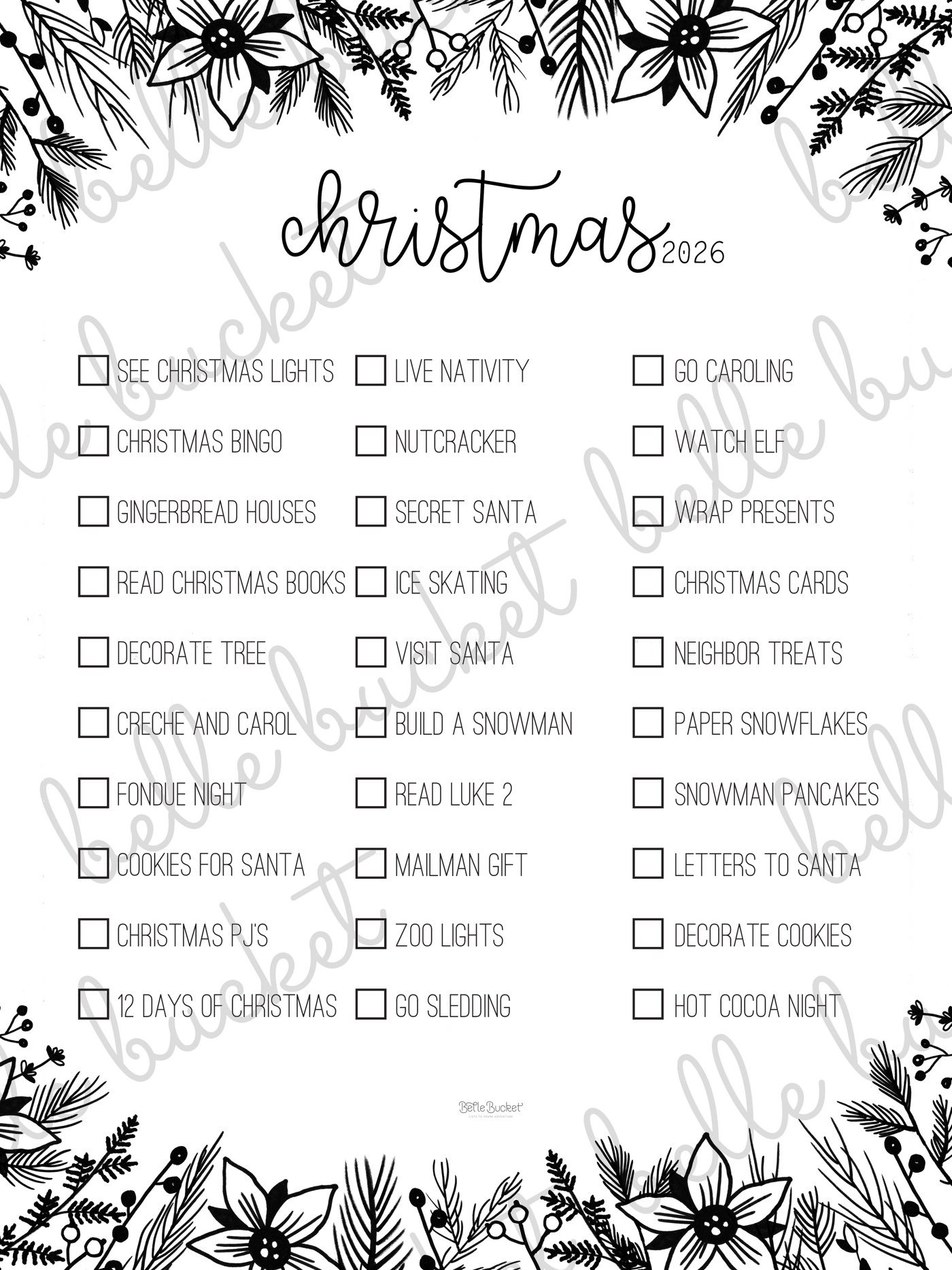 The full Christmas Pine bucket list poster design, shown flat with a Belle Bucket watermark
