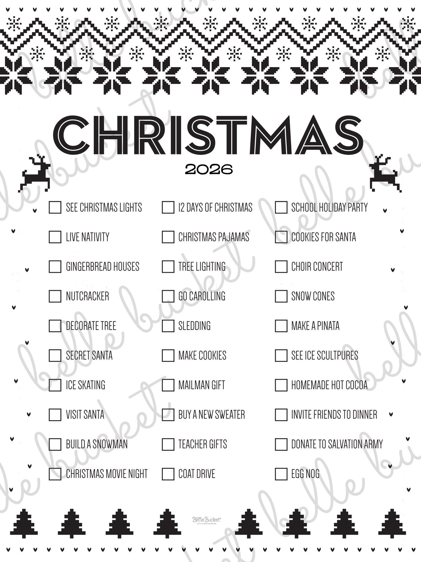 The full Christmas Sweater bucket list poster design, shown flat with a Belle Bucket watermark