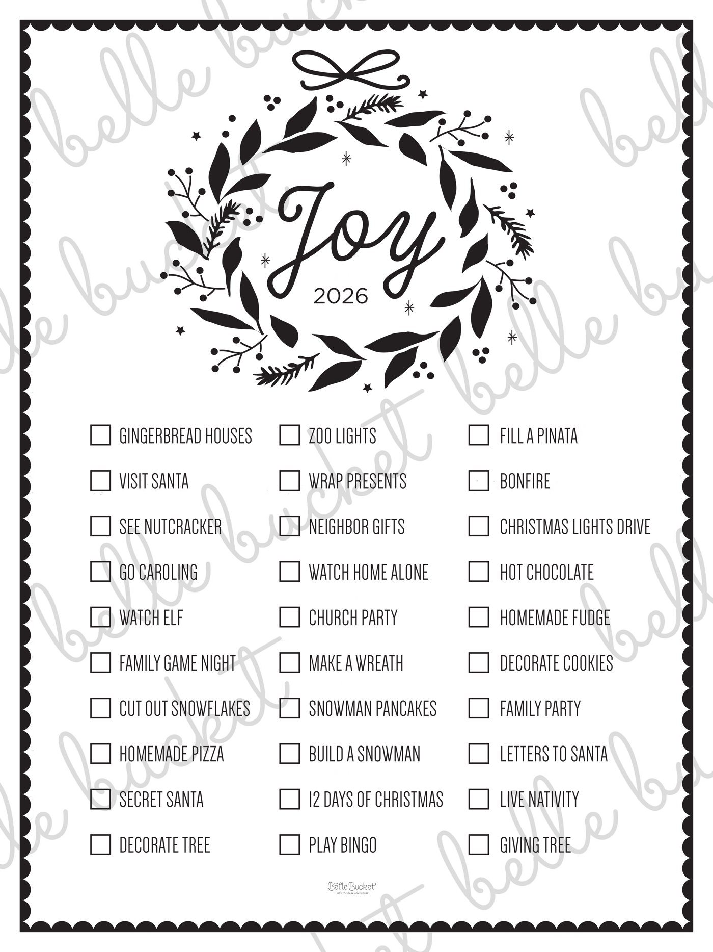 The full Joy Christmas bucket list poster design, shown flat with a Belle Bucket watermark