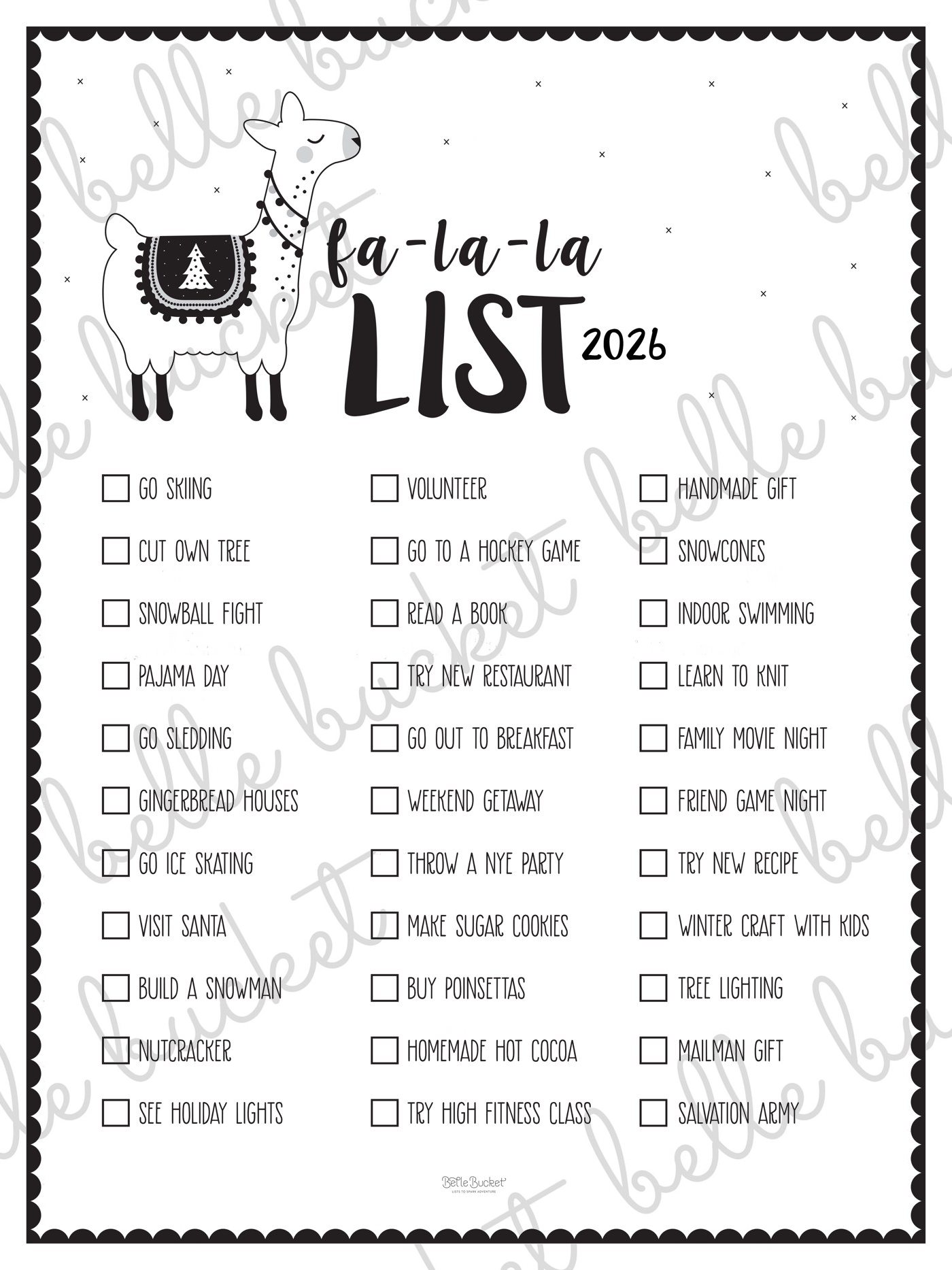 The full La La Llama Christmas bucket list poster design, shown flat with a Belle Bucket watermark