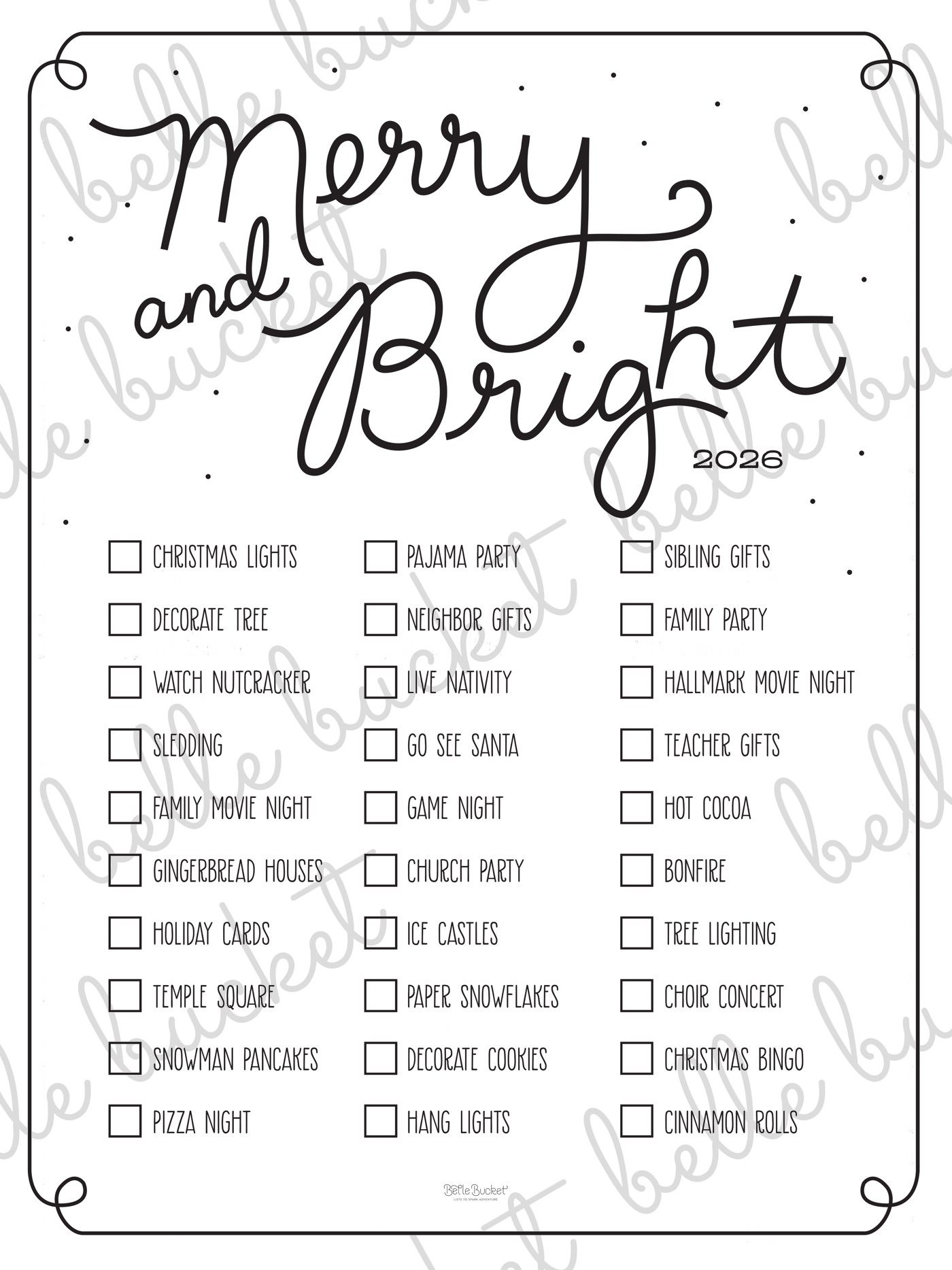 The full Merry and Bright Christmas bucket list poster design, shown flat with a Belle Bucket watermark