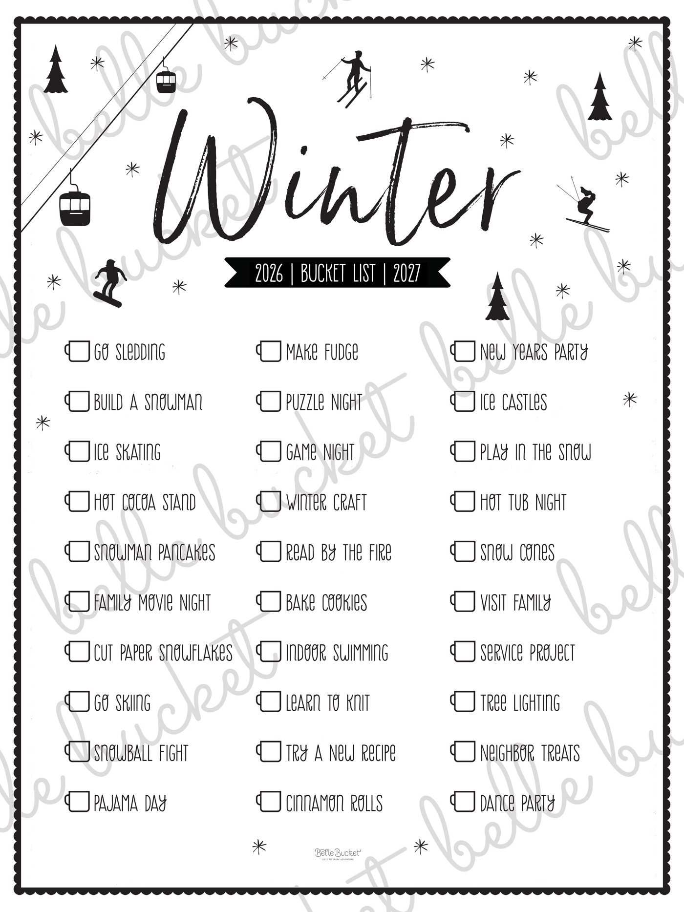 The full Winter Slopes Christmas bucket list poster design, shown flat with a Belle Bucket watermark