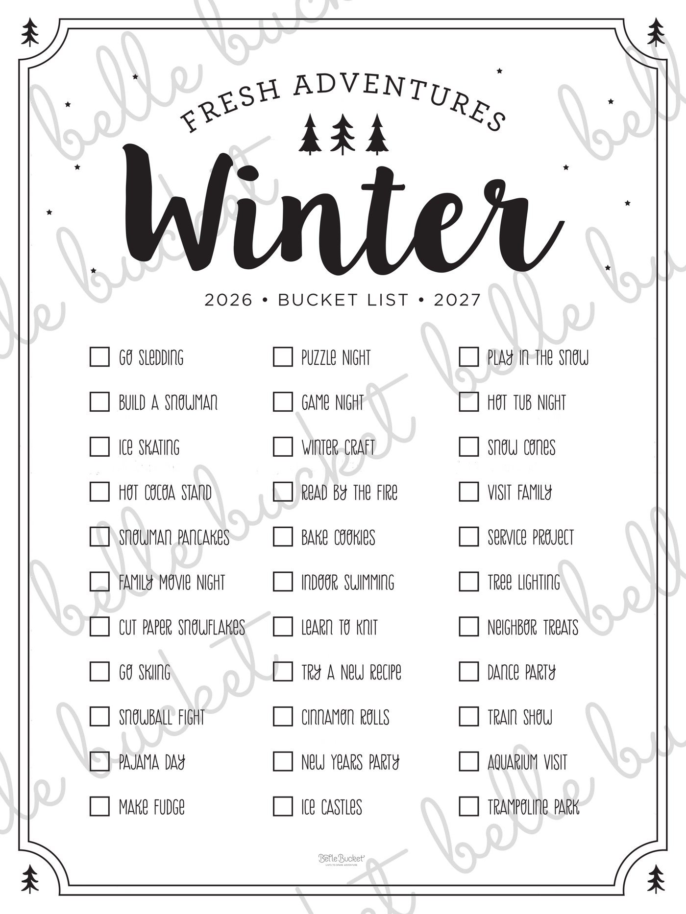 The full Winter Adventures Christmas bucket list poster design, shown flat with a Belle Bucket watermark
